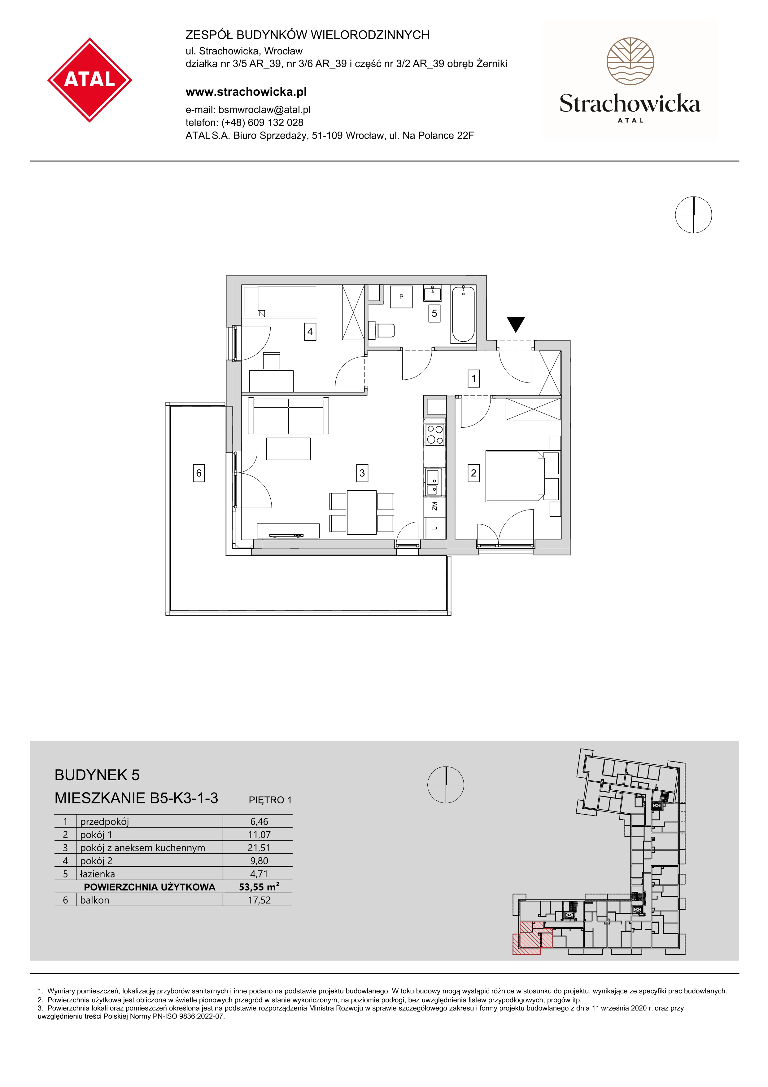 Mieszkanie 53,55 m², piętro 1, oferta nr B5-K3-1-3, ATAL Strachowicka, Wrocław, Żerniki, Fabryczna, ul. Strachowicka