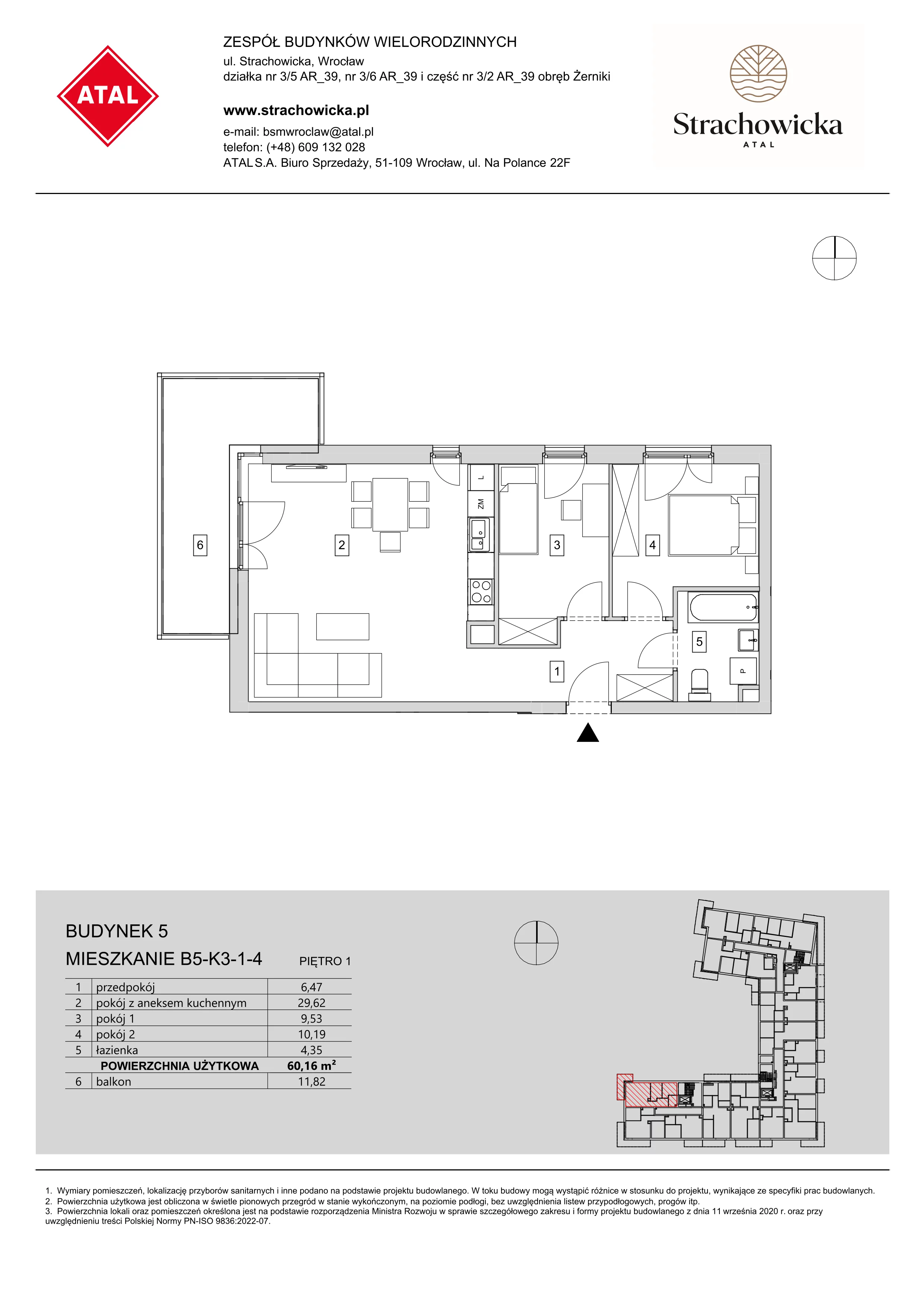 Mieszkanie 60,16 m², piętro 1, oferta nr B5-K3-1-4, ATAL Strachowicka, Wrocław, Żerniki, Fabryczna, ul. Strachowicka