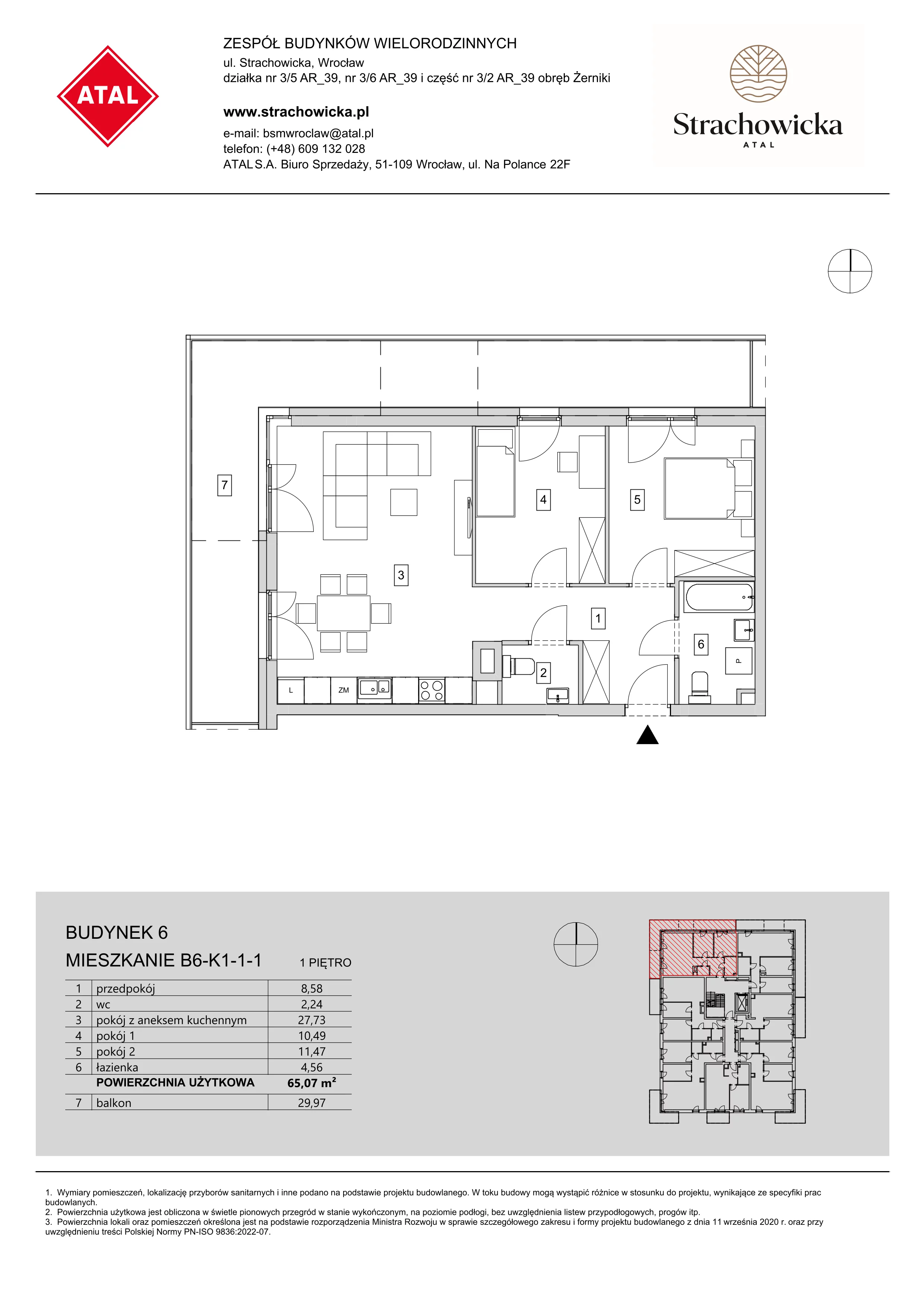 Mieszkanie 65,07 m², piętro 1, oferta nr B6-K1-1-1, ATAL Strachowicka, Wrocław, Żerniki, Fabryczna, ul. Strachowicka