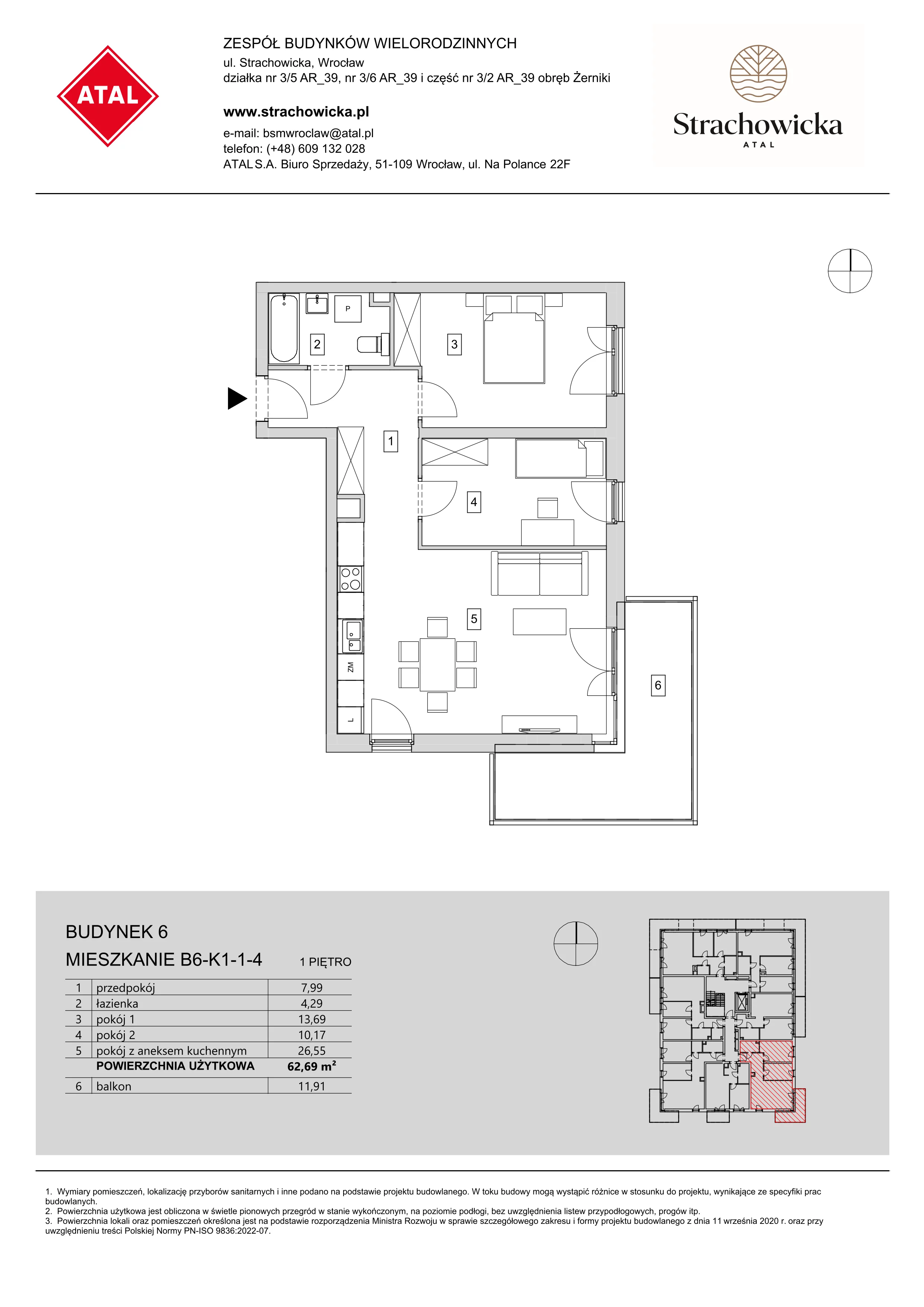 Mieszkanie 62,69 m², piętro 1, oferta nr B6-K1-1-4, ATAL Strachowicka, Wrocław, Żerniki, Fabryczna, ul. Strachowicka