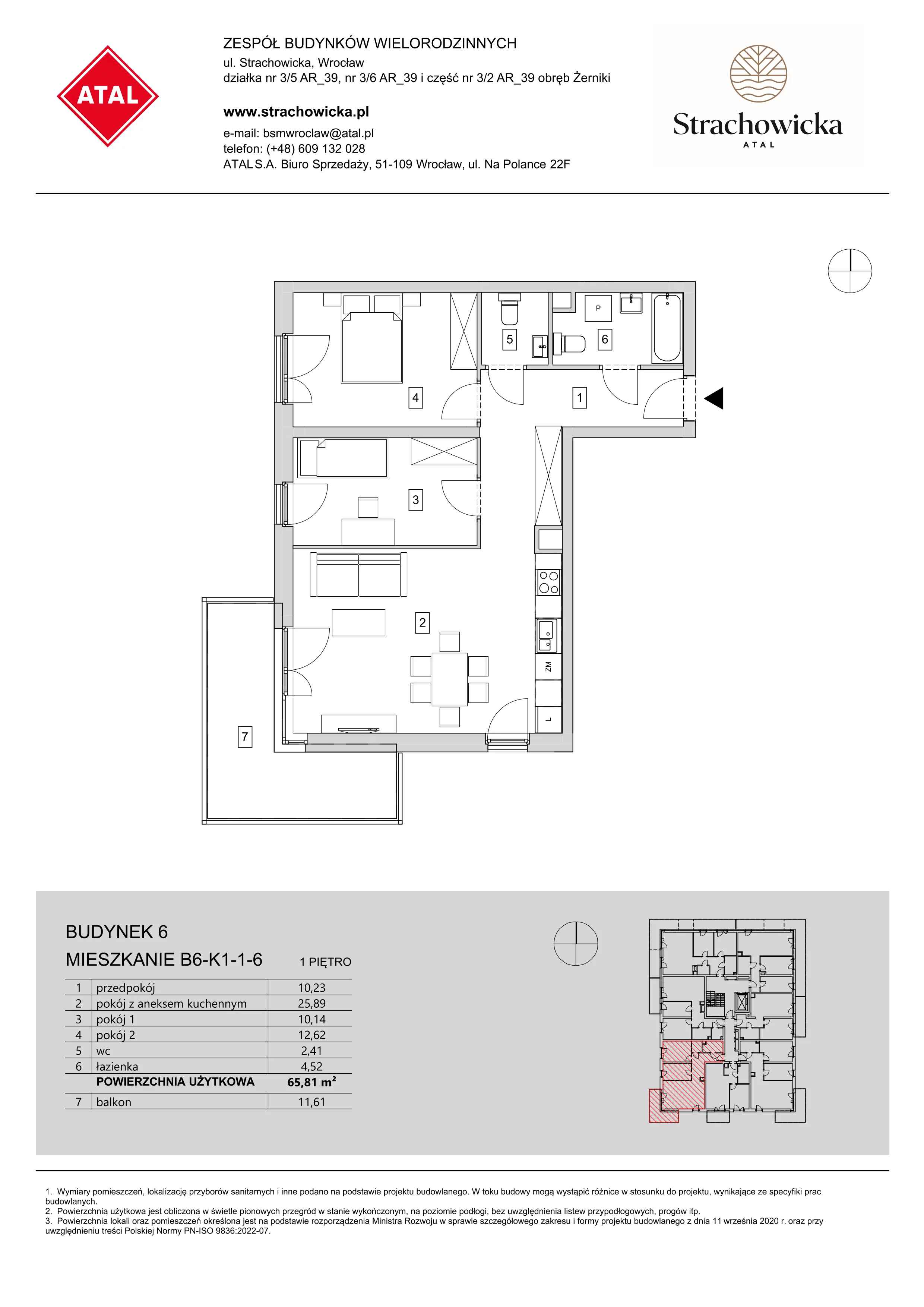 Mieszkanie 65,81 m², piętro 1, oferta nr B6-K1-1-6, ATAL Strachowicka, Wrocław, Żerniki, Fabryczna, ul. Strachowicka