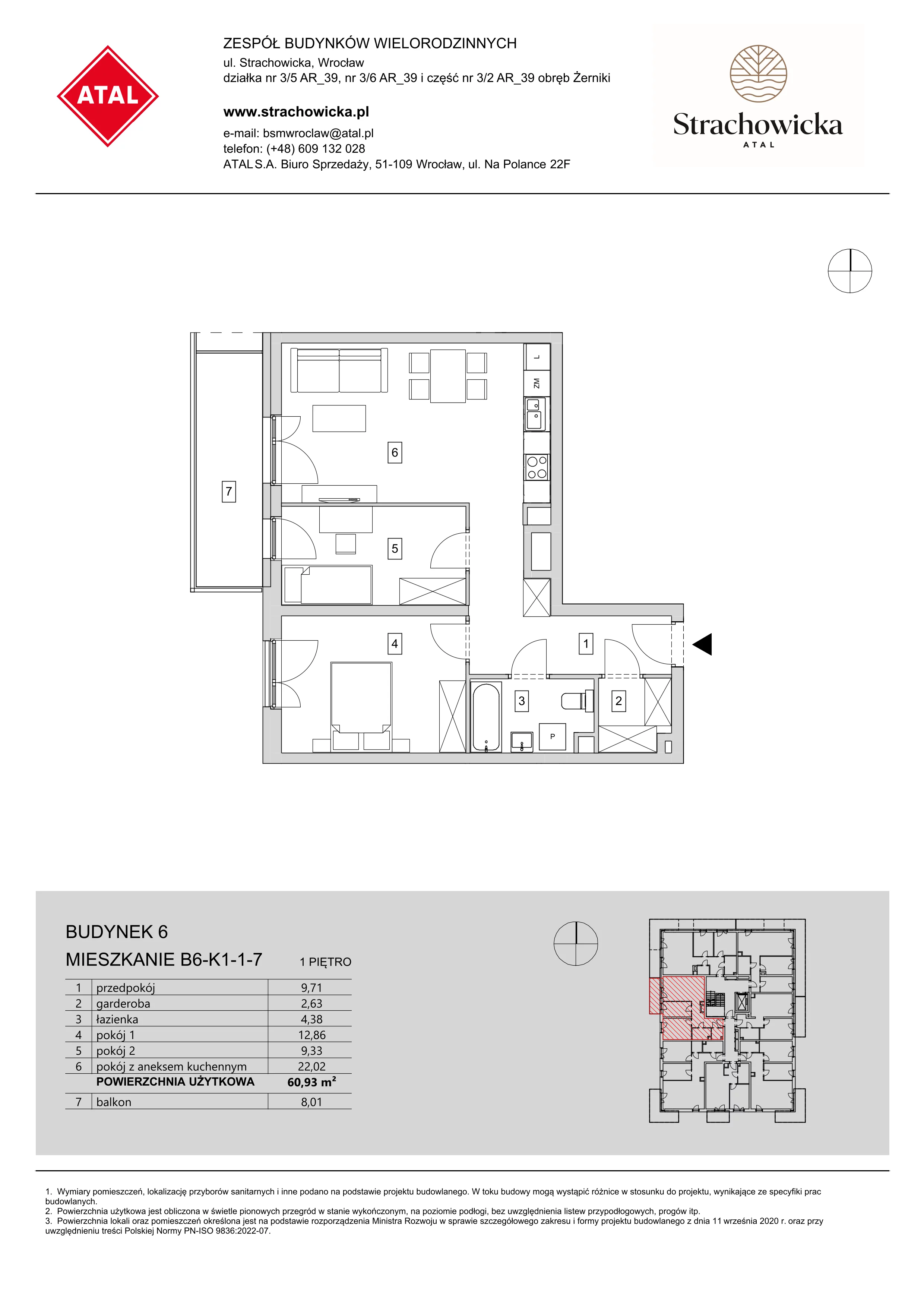 Mieszkanie 60,93 m², piętro 1, oferta nr B6-K1-1-7, ATAL Strachowicka, Wrocław, Żerniki, Fabryczna, ul. Strachowicka