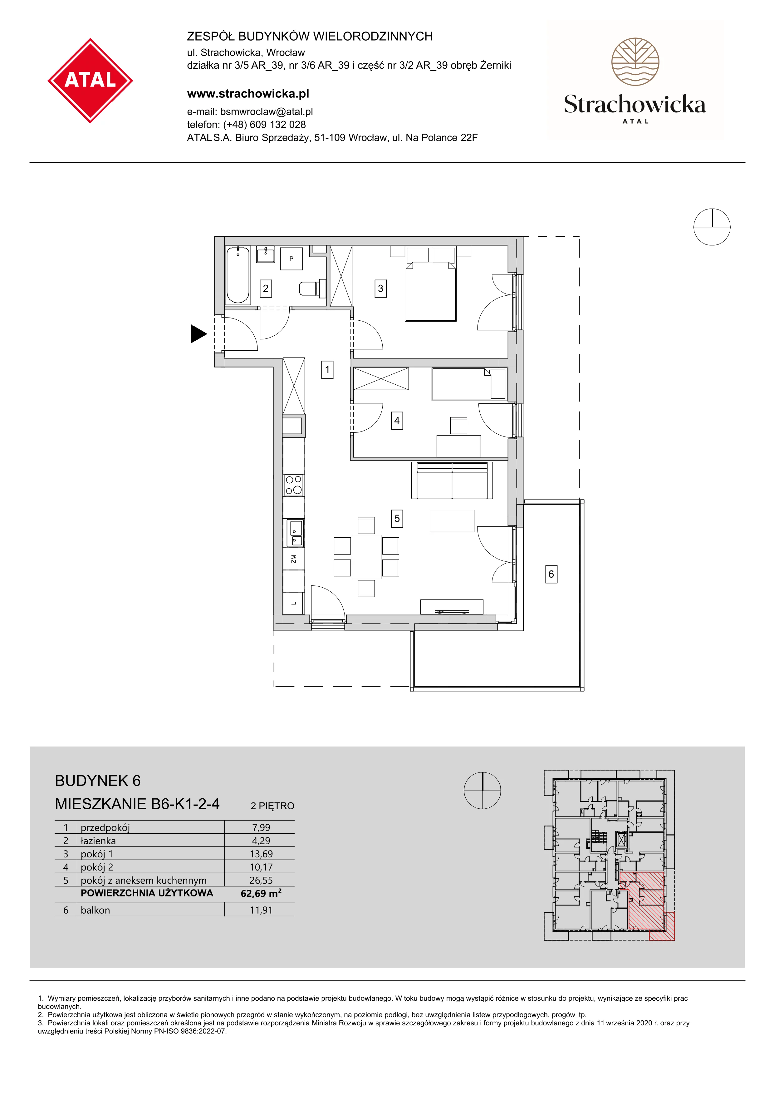 Mieszkanie 62,69 m², piętro 2, oferta nr B6-K1-2-4, ATAL Strachowicka, Wrocław, Żerniki, Fabryczna, ul. Strachowicka