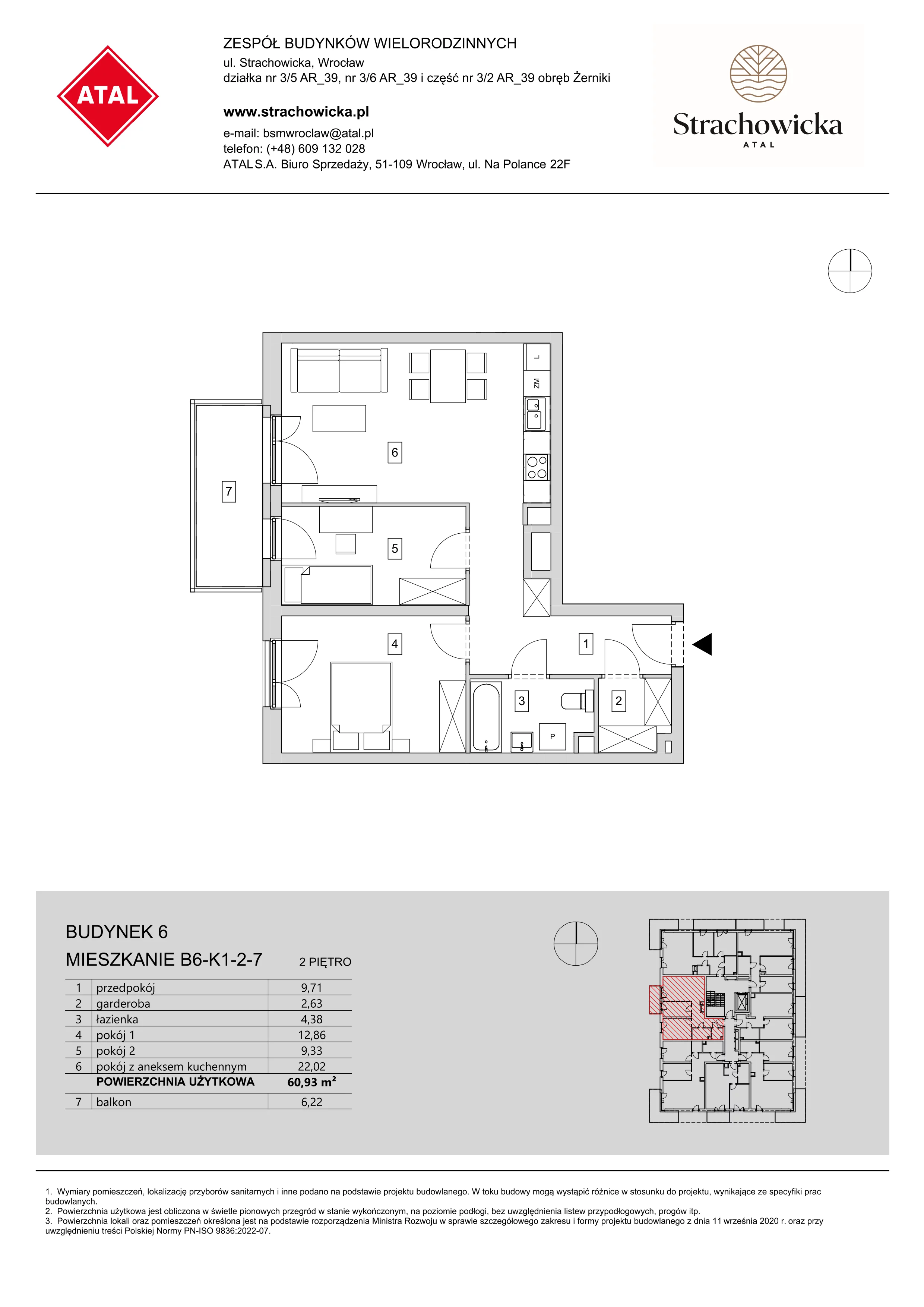 Mieszkanie 60,93 m², piętro 2, oferta nr B6-K1-2-7, ATAL Strachowicka, Wrocław, Żerniki, Fabryczna, ul. Strachowicka