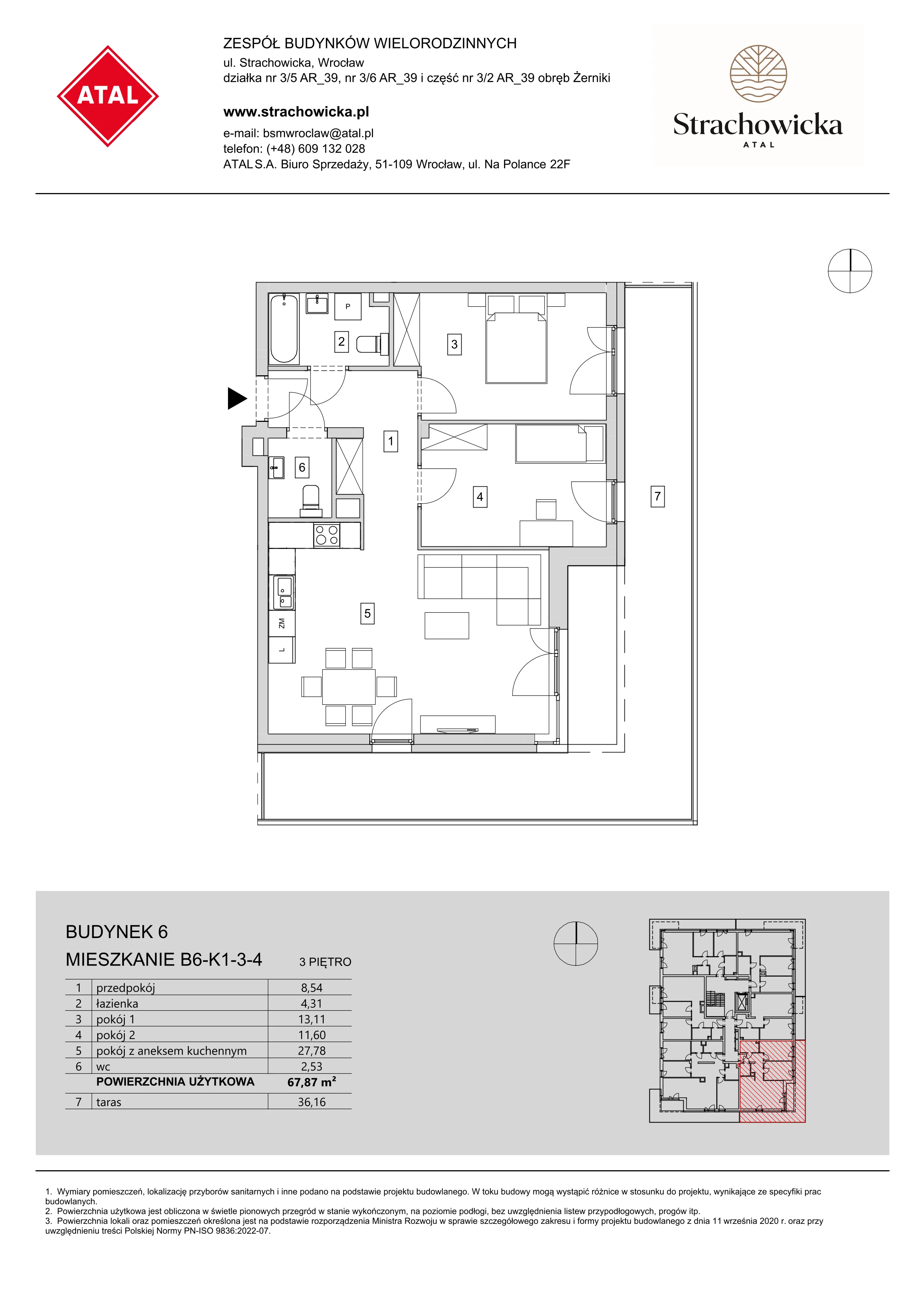 Mieszkanie 67,87 m², piętro 3, oferta nr B6-K1-3-4, ATAL Strachowicka, Wrocław, Żerniki, Fabryczna, ul. Strachowicka