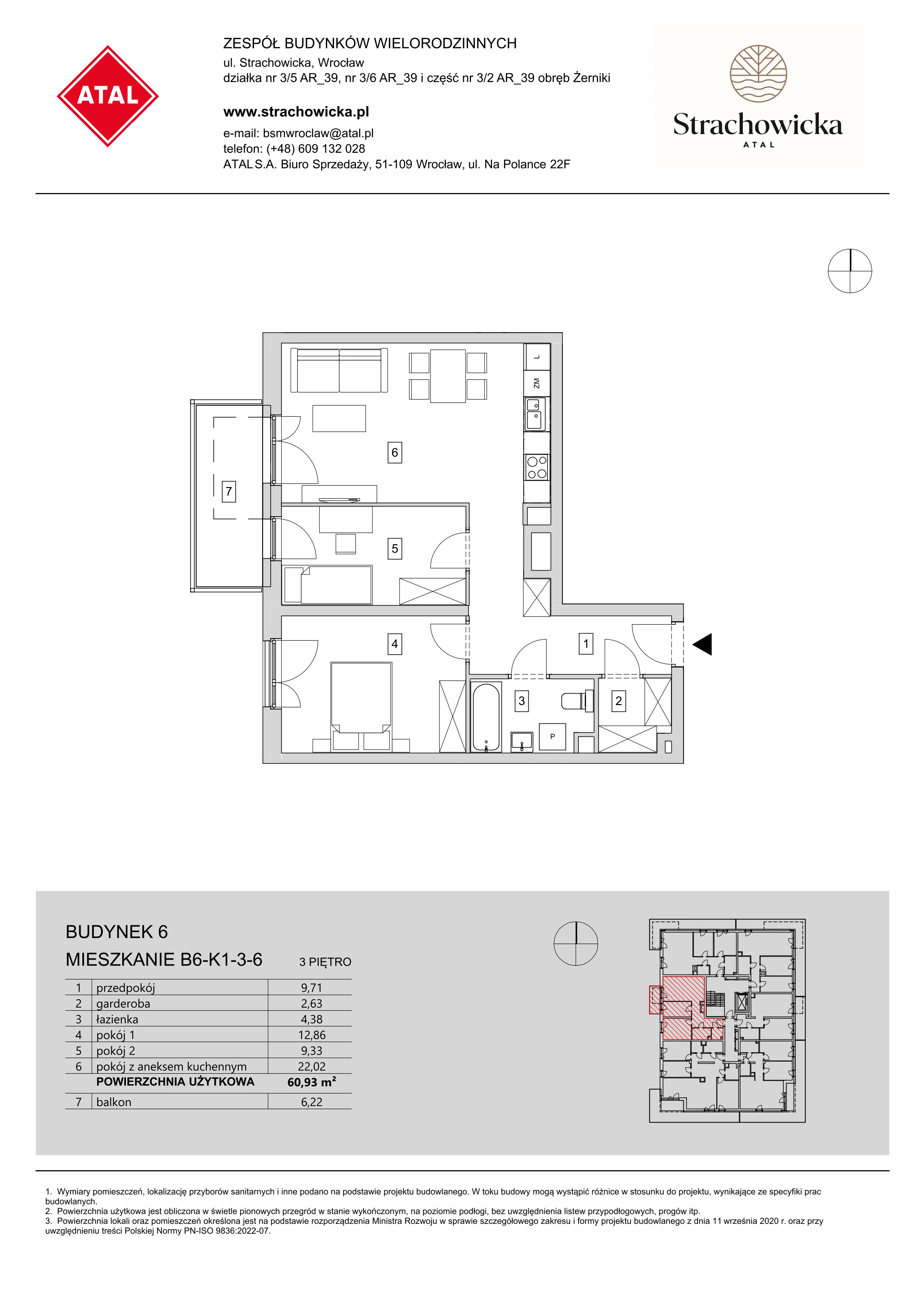 Mieszkanie 60,93 m², piętro 3, oferta nr B6-K1-3-6, ATAL Strachowicka, Wrocław, Żerniki, Fabryczna, ul. Strachowicka-idx