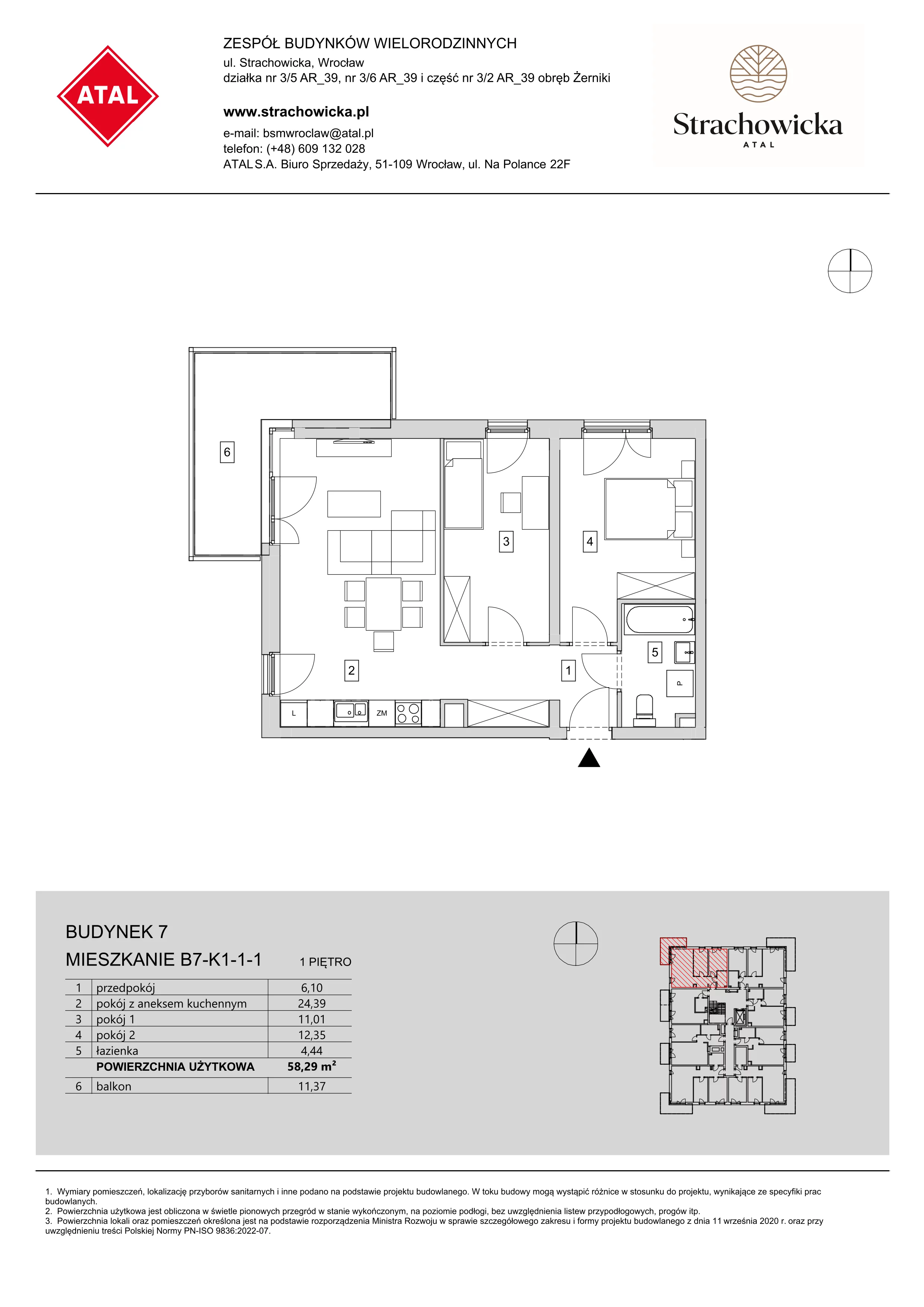 Mieszkanie 58,29 m², piętro 1, oferta nr B7-K1-1-1, ATAL Strachowicka, Wrocław, Żerniki, Fabryczna, ul. Strachowicka