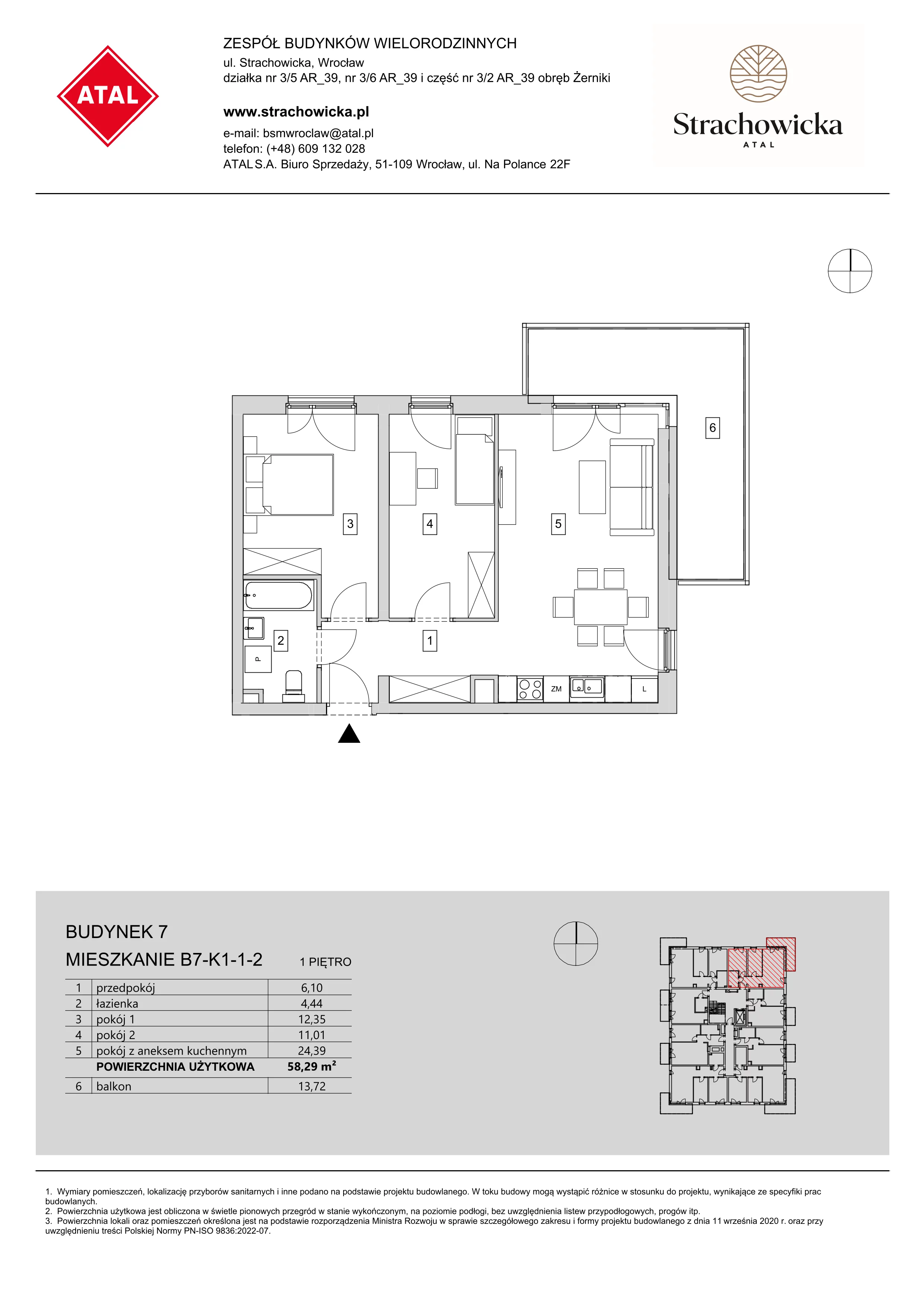 Mieszkanie 58,29 m², piętro 1, oferta nr B7-K1-1-2, ATAL Strachowicka, Wrocław, Żerniki, Fabryczna, ul. Strachowicka