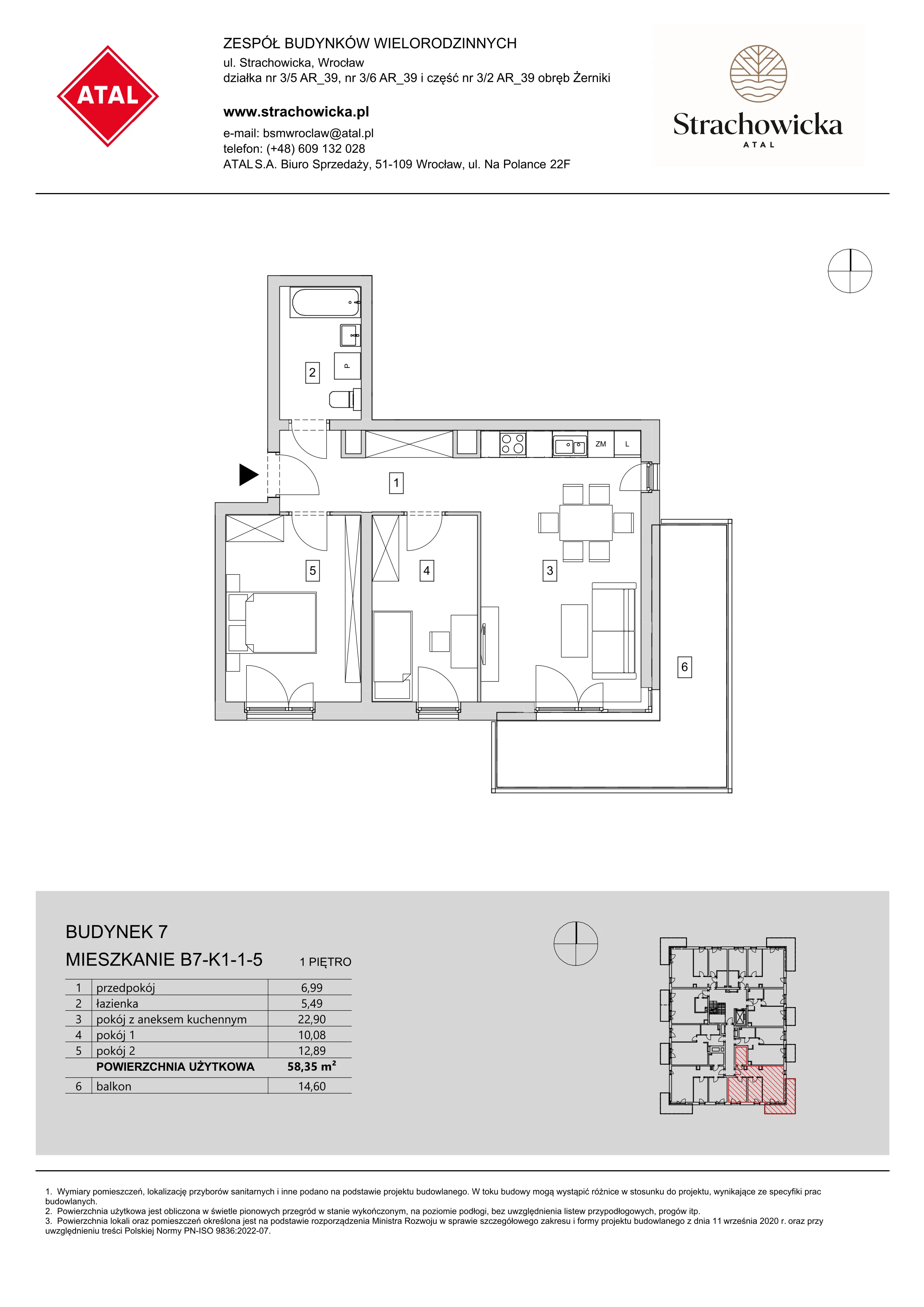 Mieszkanie 58,35 m², piętro 1, oferta nr B7-K1-1-5, ATAL Strachowicka, Wrocław, Żerniki, Fabryczna, ul. Strachowicka