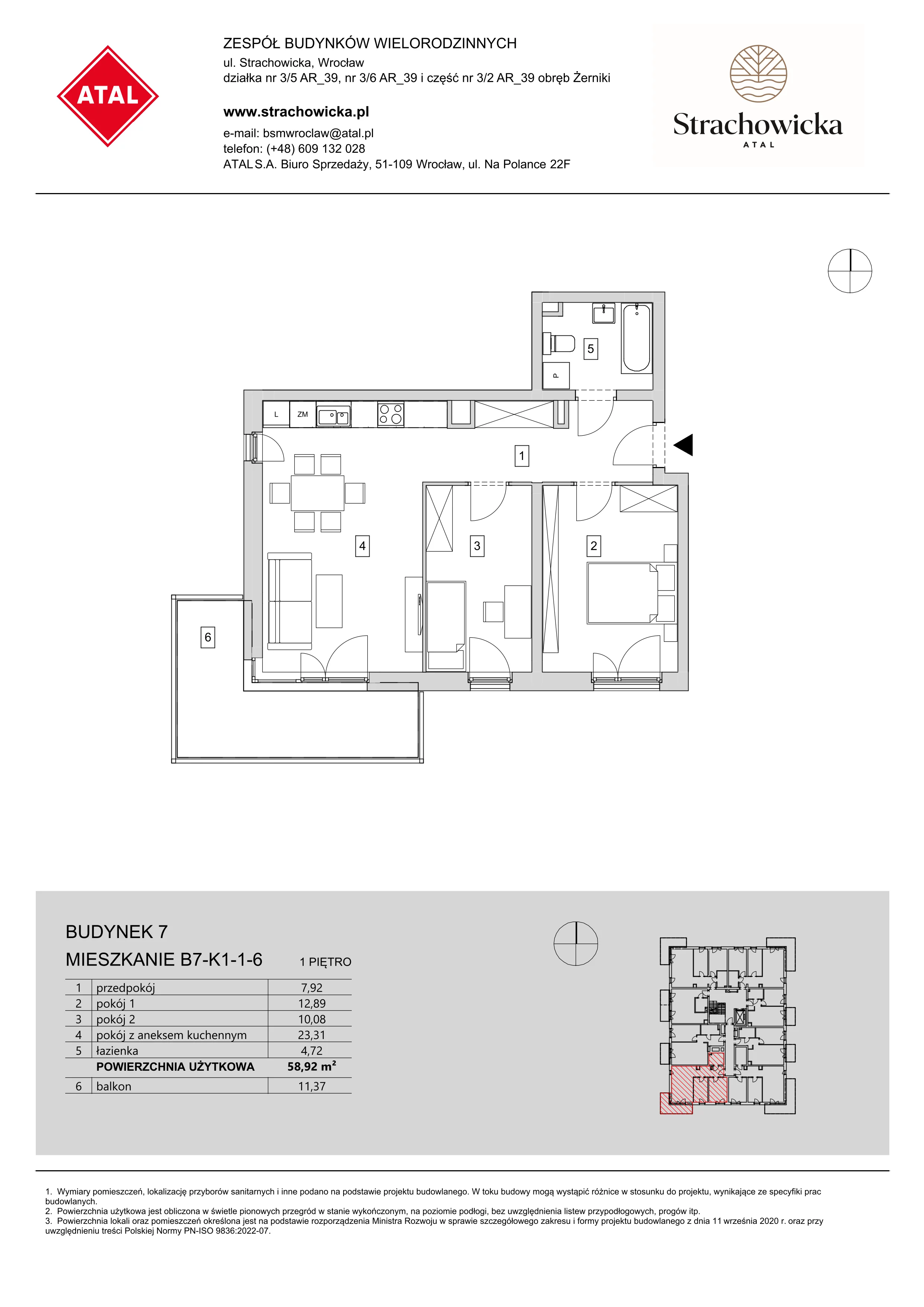 Mieszkanie 58,92 m², piętro 1, oferta nr B7-K1-1-6, ATAL Strachowicka, Wrocław, Żerniki, Fabryczna, ul. Strachowicka