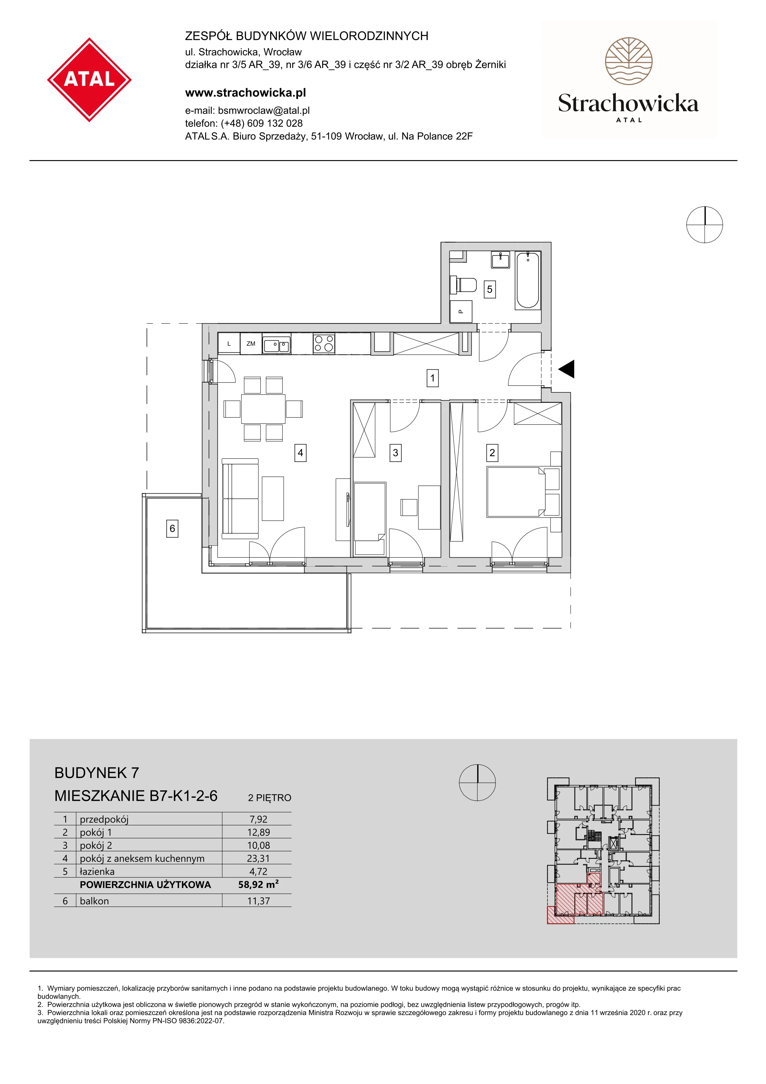 Mieszkanie 58,92 m², piętro 2, oferta nr B7-K1-2-6, ATAL Strachowicka, Wrocław, Żerniki, Fabryczna, ul. Strachowicka