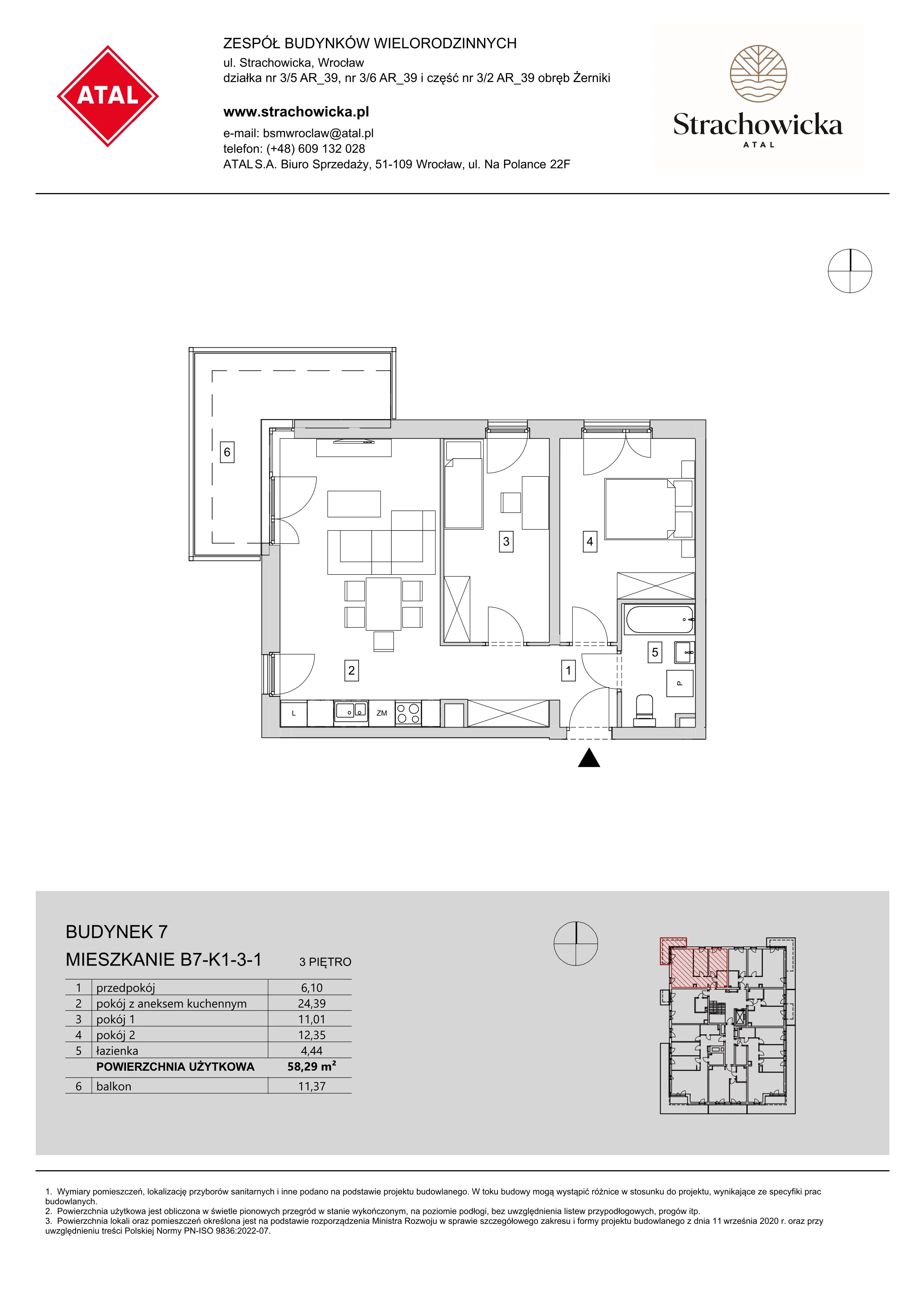 Mieszkanie 58,29 m², piętro 3, oferta nr B7-K1-3-1, ATAL Strachowicka, Wrocław, Żerniki, Fabryczna, ul. Strachowicka