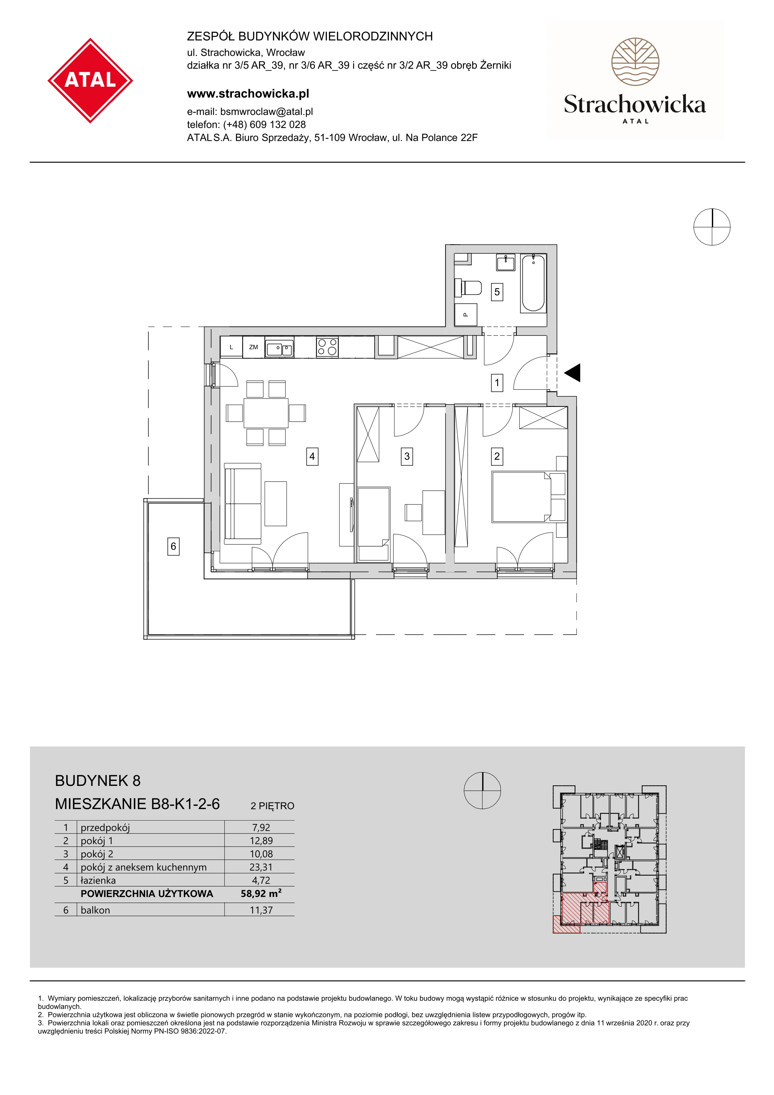 Mieszkanie 58,92 m², piętro 2, oferta nr B8-K1-2-6, ATAL Strachowicka, Wrocław, Żerniki, Fabryczna, ul. Strachowicka