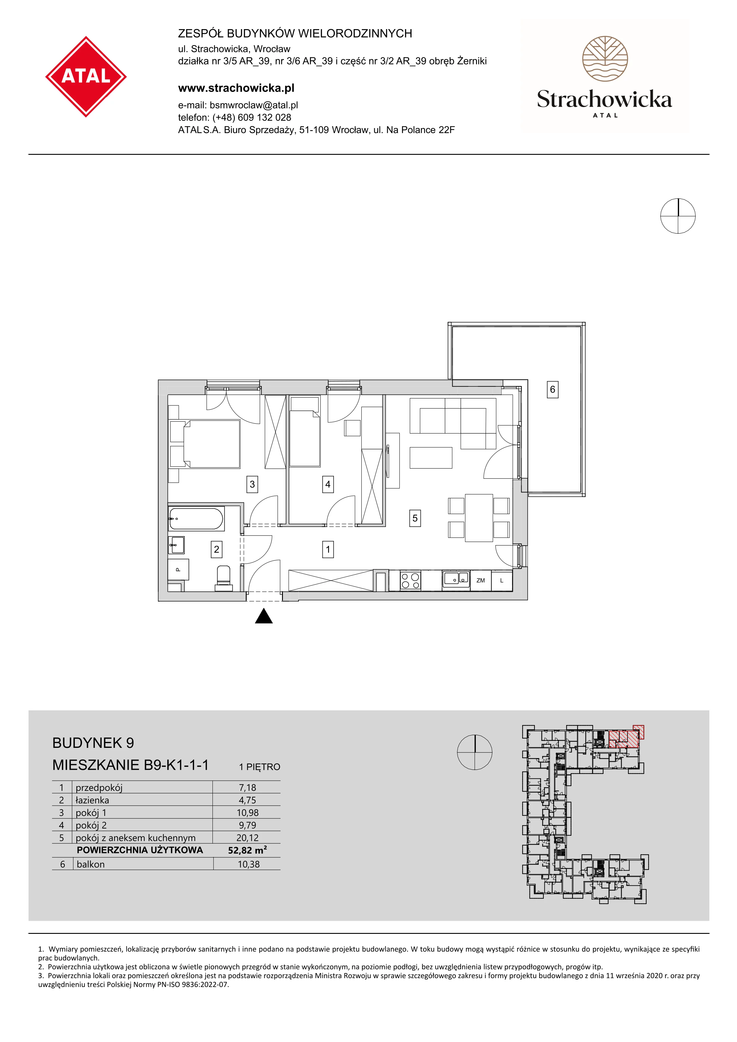 Mieszkanie 52,82 m², piętro 1, oferta nr B9-K1-1-1, ATAL Strachowicka, Wrocław, Żerniki, Fabryczna, ul. Strachowicka-idx