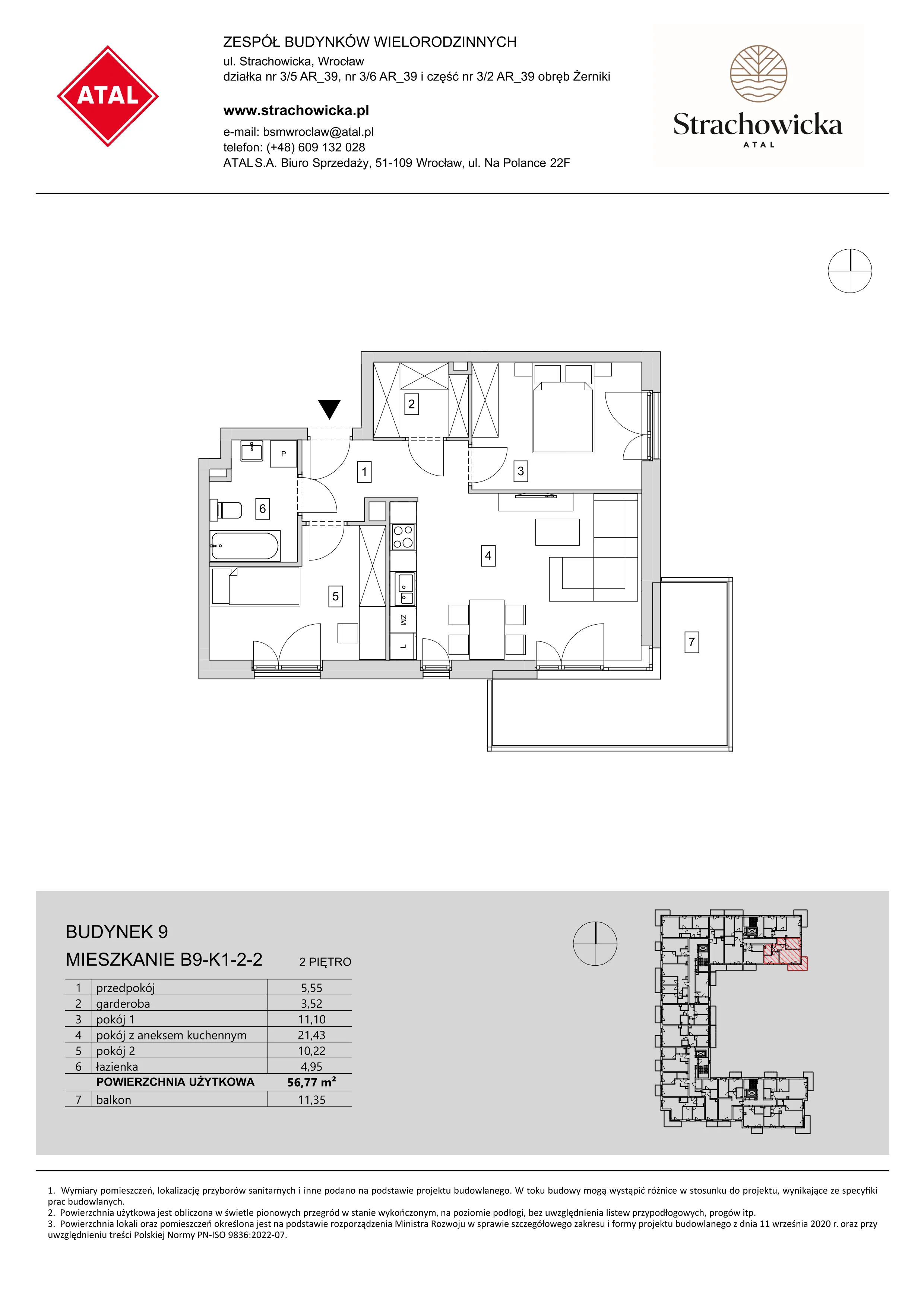 Mieszkanie 56,77 m², piętro 2, oferta nr B9-K1-2-2, ATAL Strachowicka, Wrocław, Żerniki, Fabryczna, ul. Strachowicka