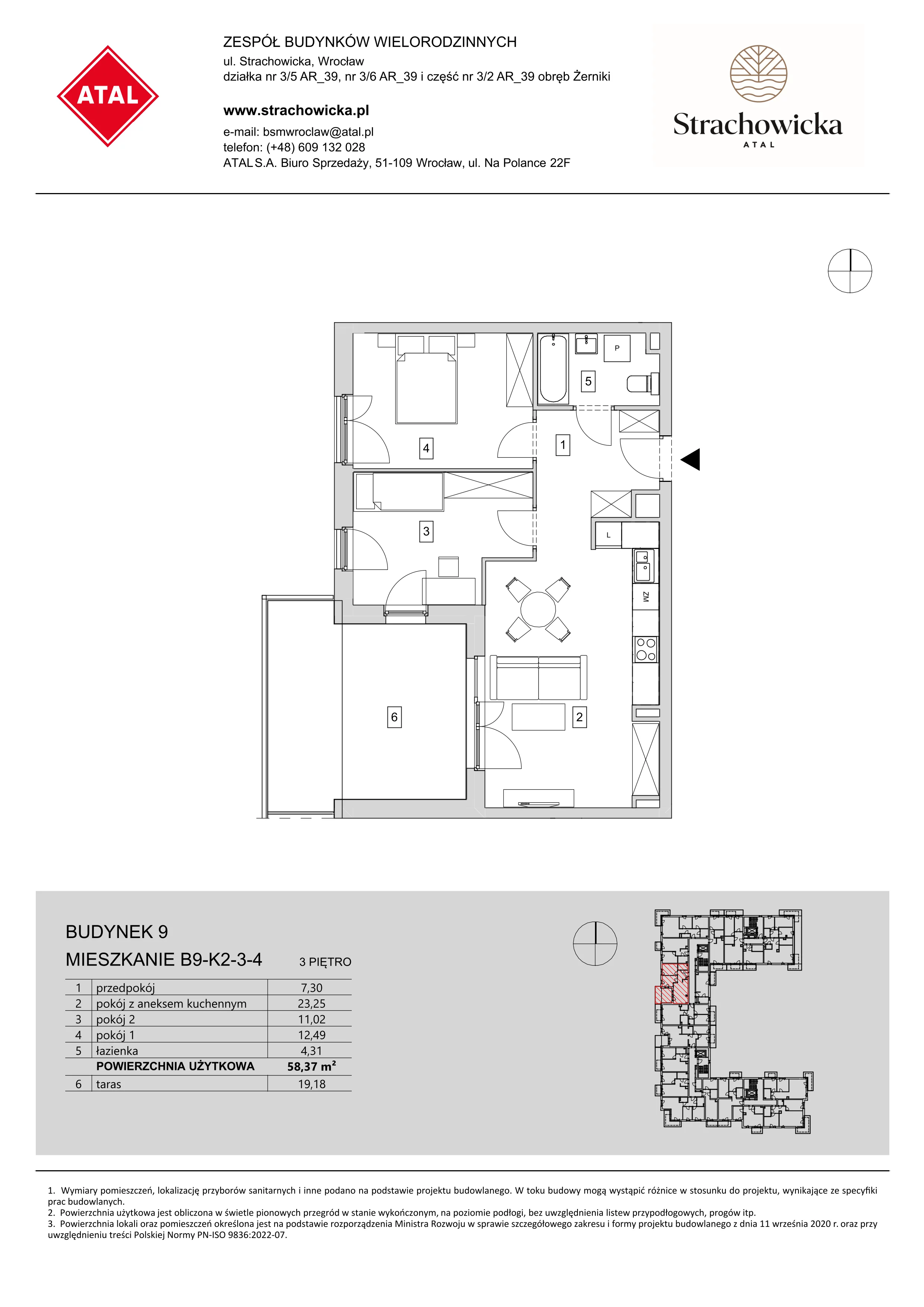 Mieszkanie 58,37 m², piętro 3, oferta nr B9-K2-3-4, ATAL Strachowicka, Wrocław, Żerniki, Fabryczna, ul. Strachowicka