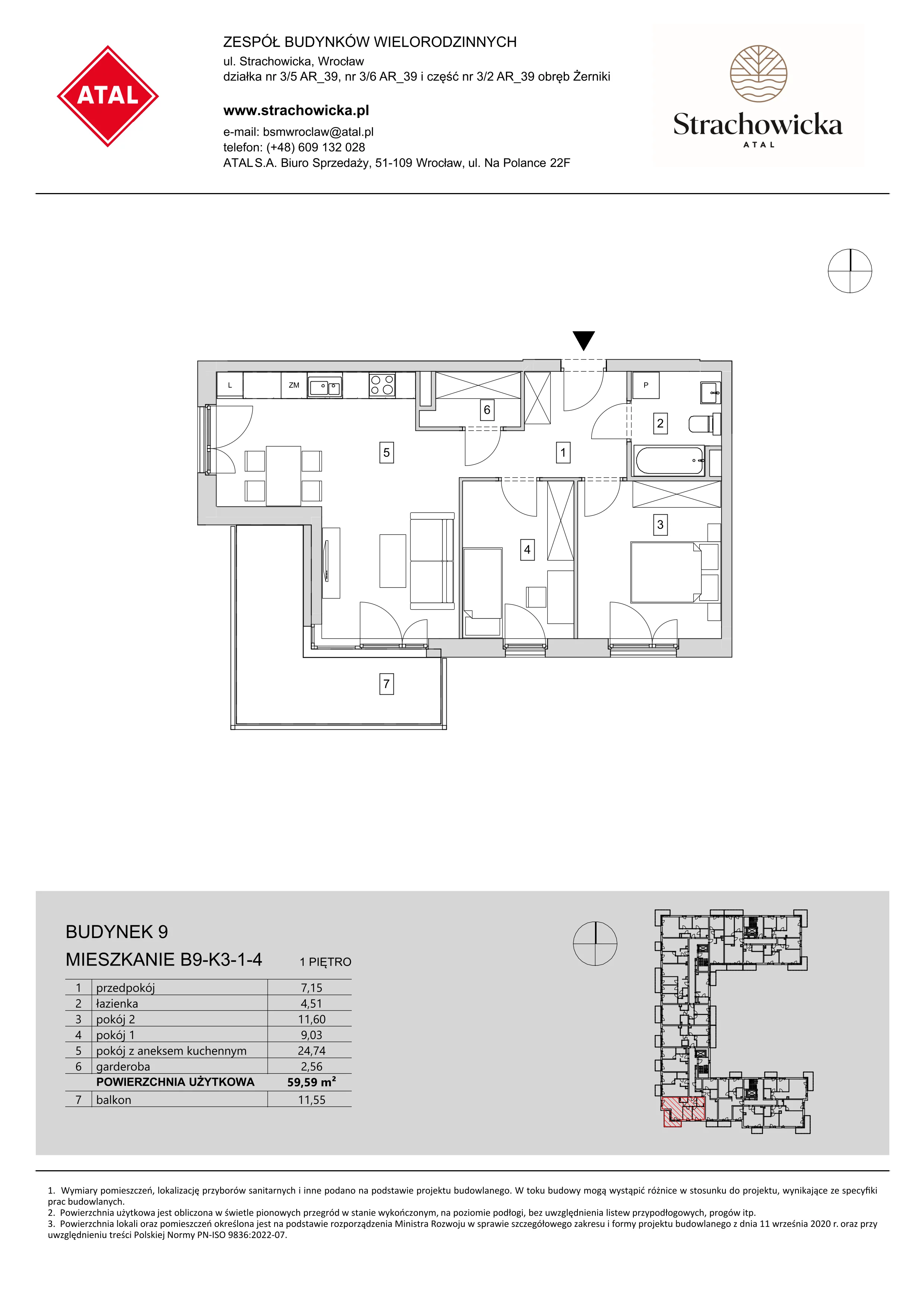 Mieszkanie 59,59 m², piętro 1, oferta nr B9-K3-1-4, ATAL Strachowicka, Wrocław, Żerniki, Fabryczna, ul. Strachowicka