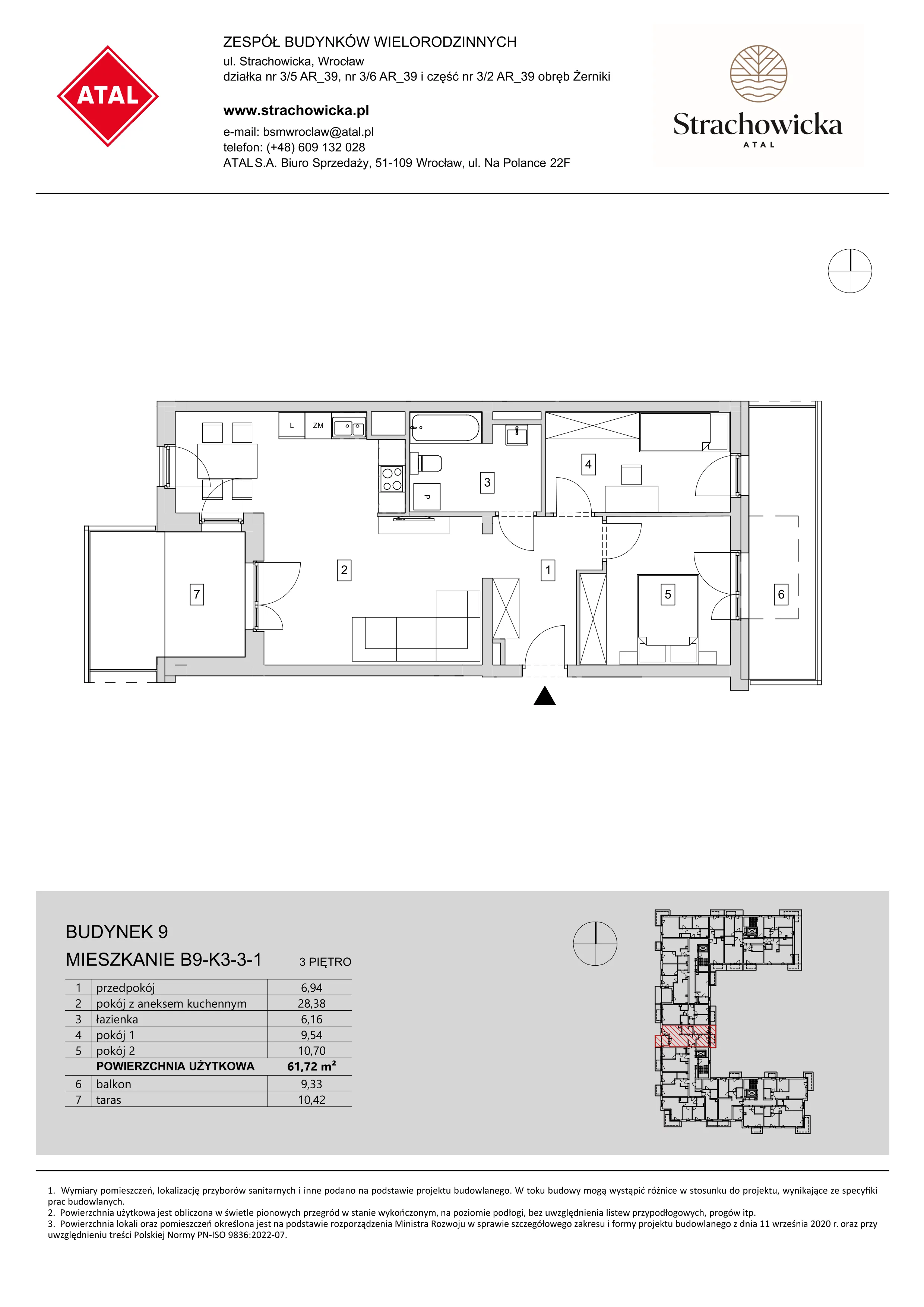 Mieszkanie 61,72 m², piętro 3, oferta nr B9-K3-3-1, ATAL Strachowicka, Wrocław, Żerniki, Fabryczna, ul. Strachowicka