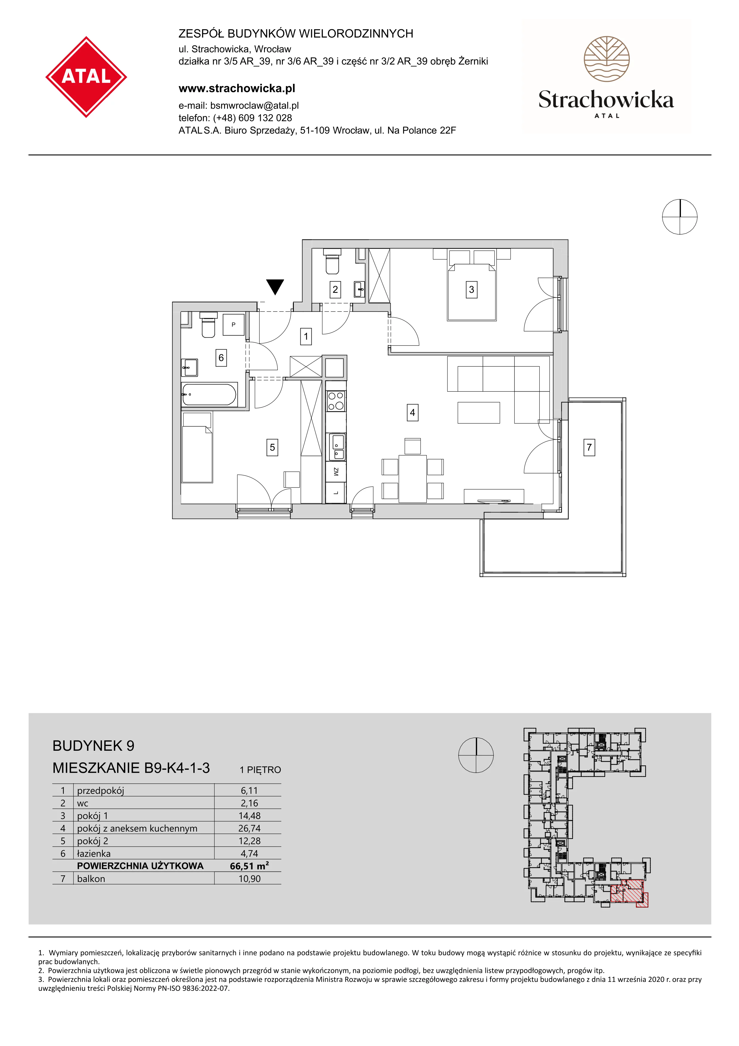 Mieszkanie 66,51 m², piętro 1, oferta nr B9-K4-1-3, ATAL Strachowicka, Wrocław, Żerniki, Fabryczna, ul. Strachowicka