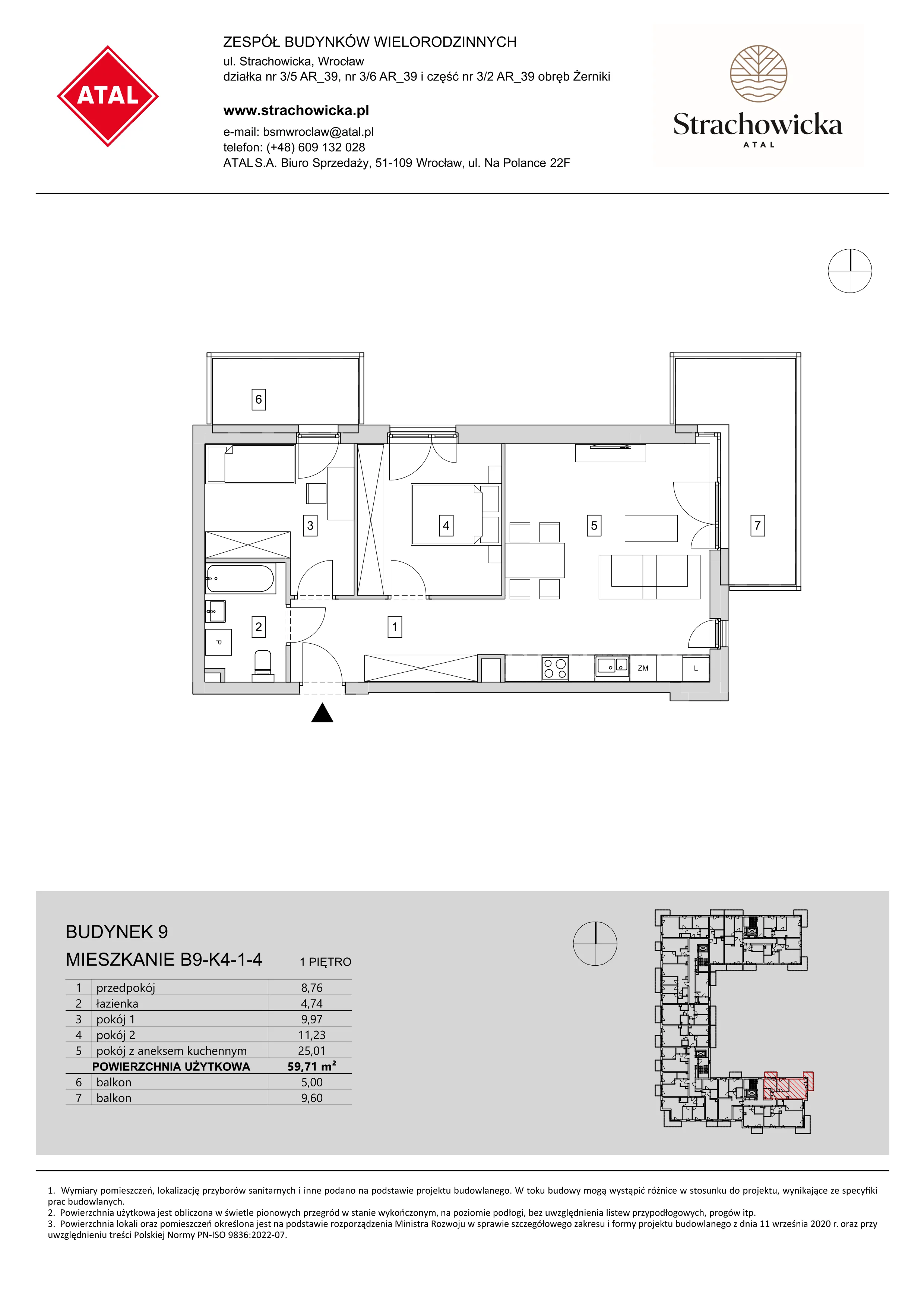 Mieszkanie 59,71 m², piętro 1, oferta nr B9-K4-1-4, ATAL Strachowicka, Wrocław, Żerniki, Fabryczna, ul. Strachowicka