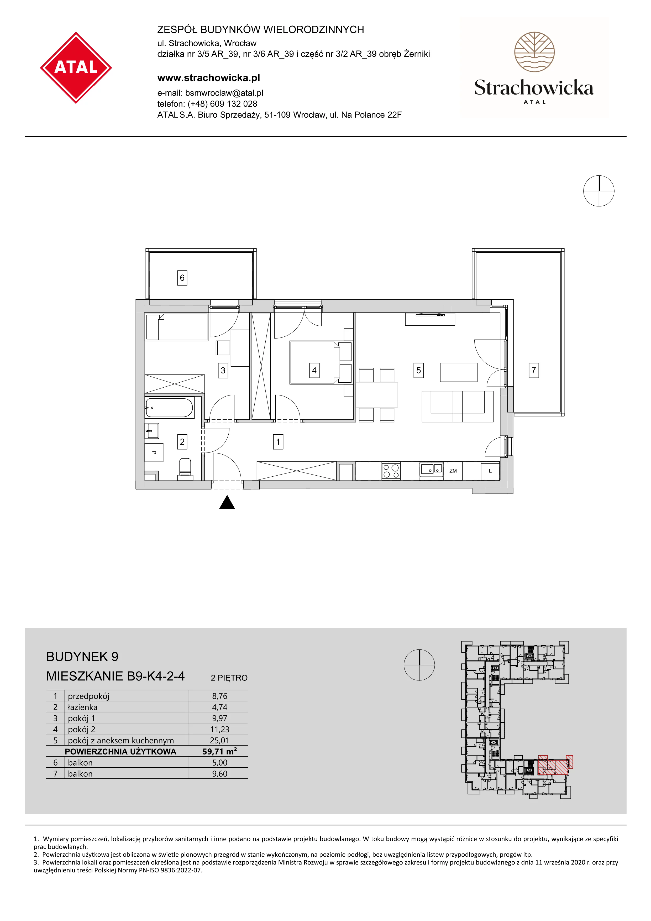 Mieszkanie 59,71 m², piętro 2, oferta nr B9-K4-2-4, ATAL Strachowicka, Wrocław, Żerniki, Fabryczna, ul. Strachowicka