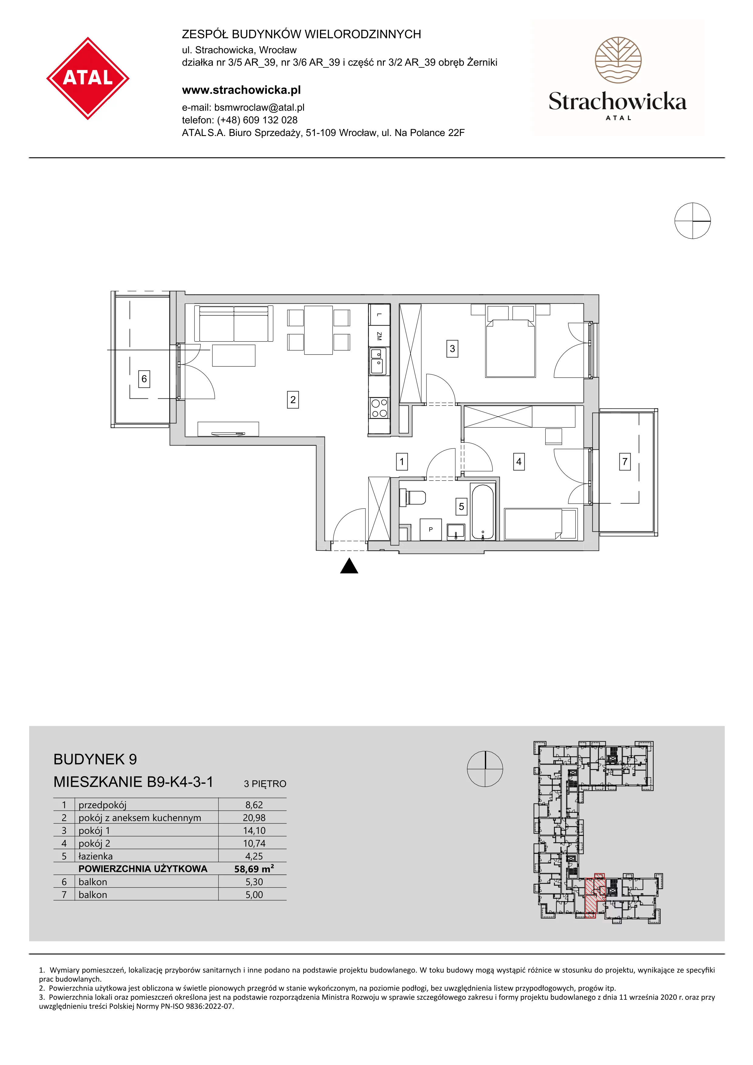 Mieszkanie 58,69 m², piętro 3, oferta nr B9-K4-3-1, ATAL Strachowicka, Wrocław, Żerniki, Fabryczna, ul. Strachowicka