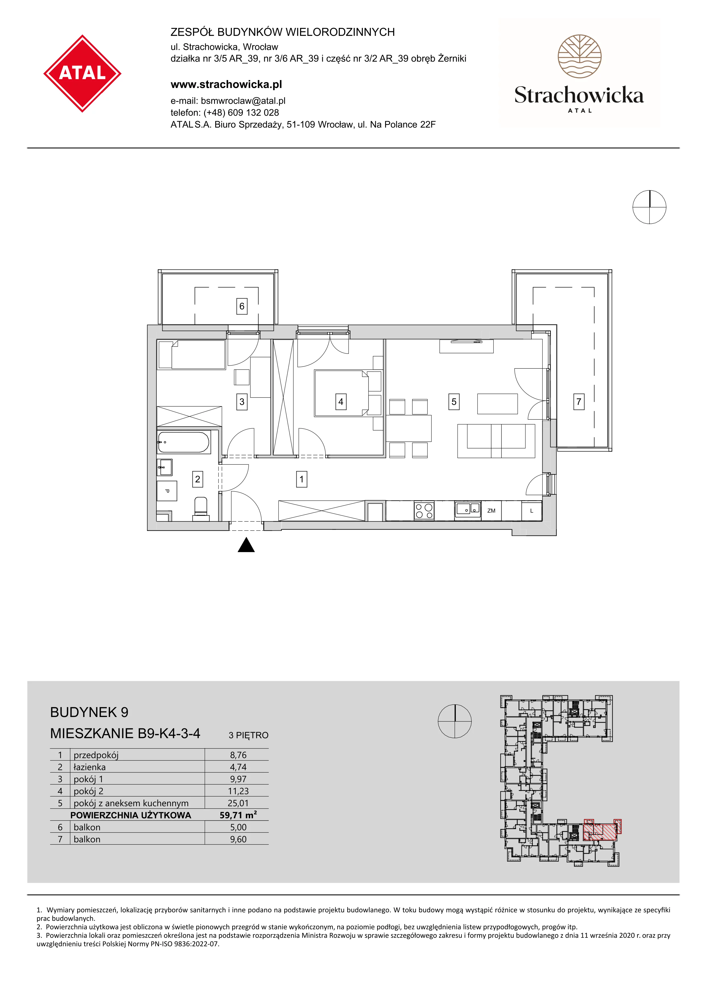 Mieszkanie 59,71 m², piętro 3, oferta nr B9-K4-3-4, ATAL Strachowicka, Wrocław, Żerniki, Fabryczna, ul. Strachowicka