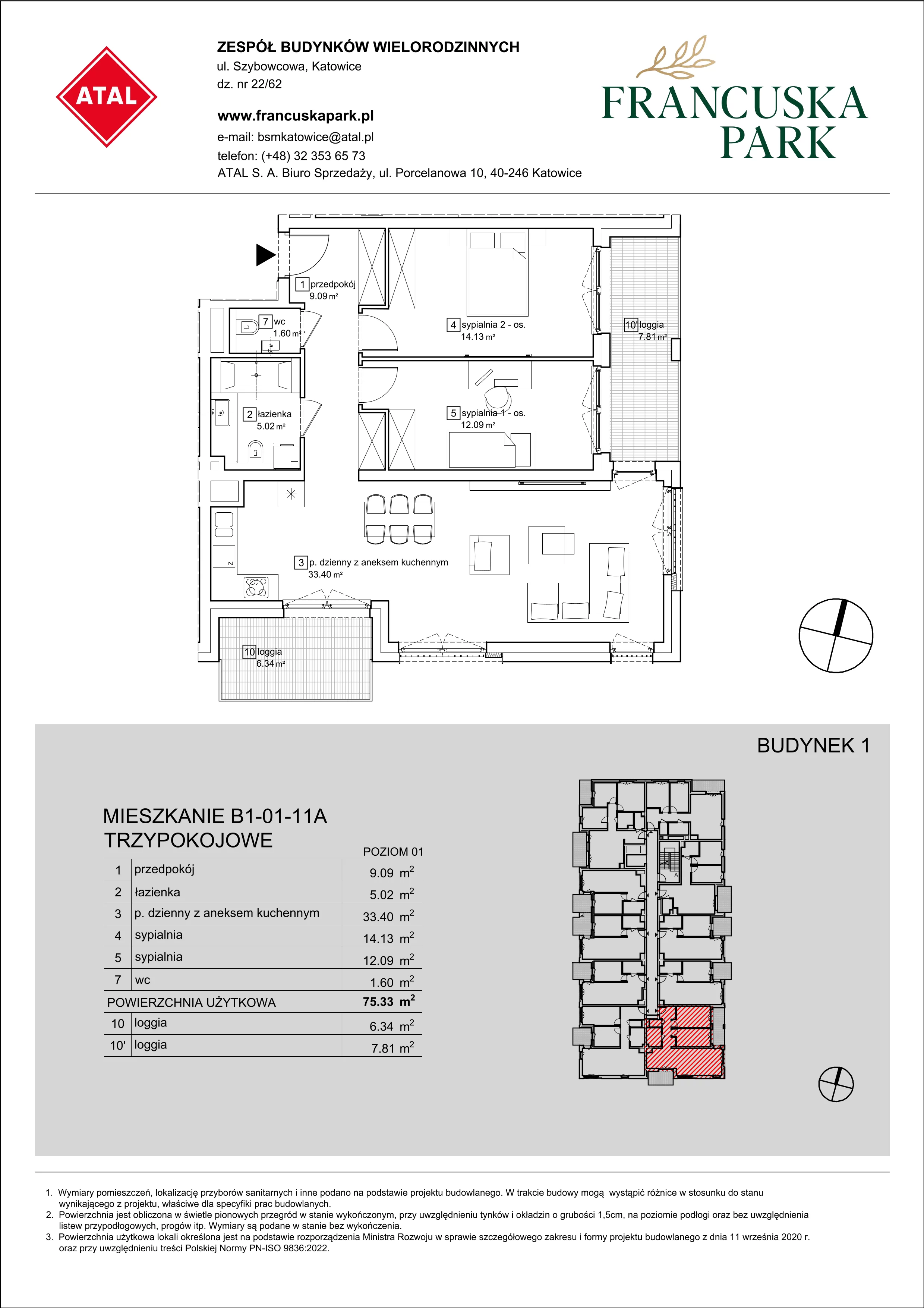 Mieszkanie 75,33 m², piętro 1, oferta nr B1-01-11A, Francuska Park, Katowice, Osiedle Paderewskiego-Muchowiec, Muchowiec, ul. Szybowcowa