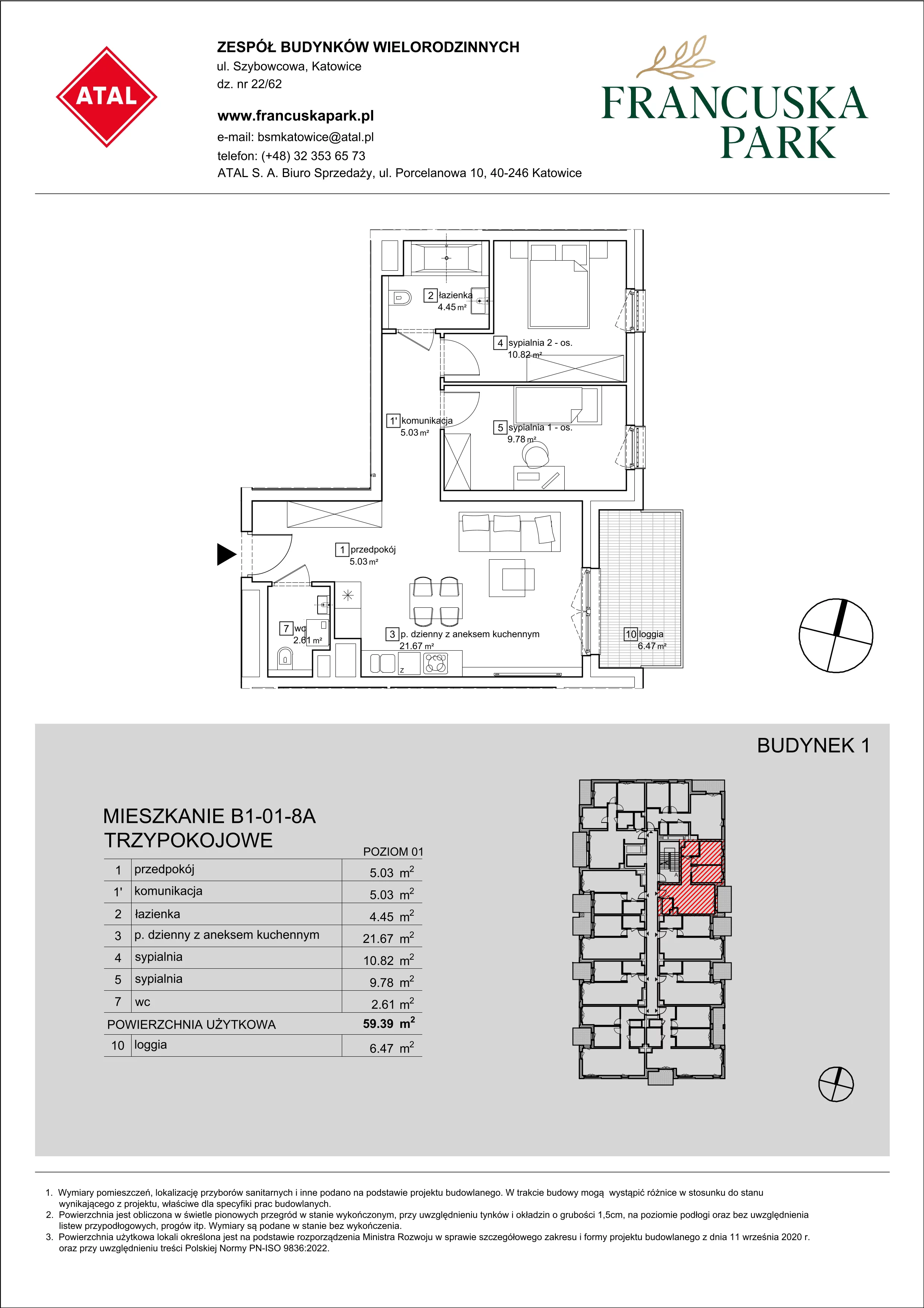 Mieszkanie 59,39 m², piętro 1, oferta nr B1-01-8A, Francuska Park, Katowice, Osiedle Paderewskiego-Muchowiec, Muchowiec, ul. Szybowcowa