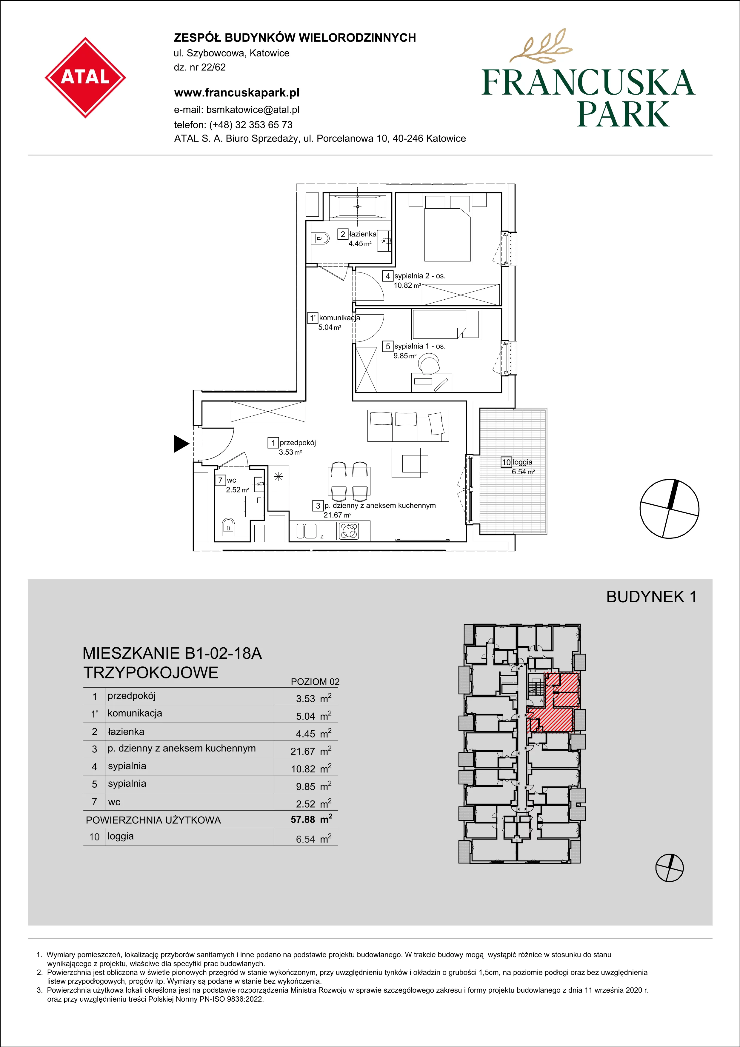 Mieszkanie 57,88 m², piętro 2, oferta nr B1-02-18A, Francuska Park, Katowice, Osiedle Paderewskiego-Muchowiec, Muchowiec, ul. Szybowcowa