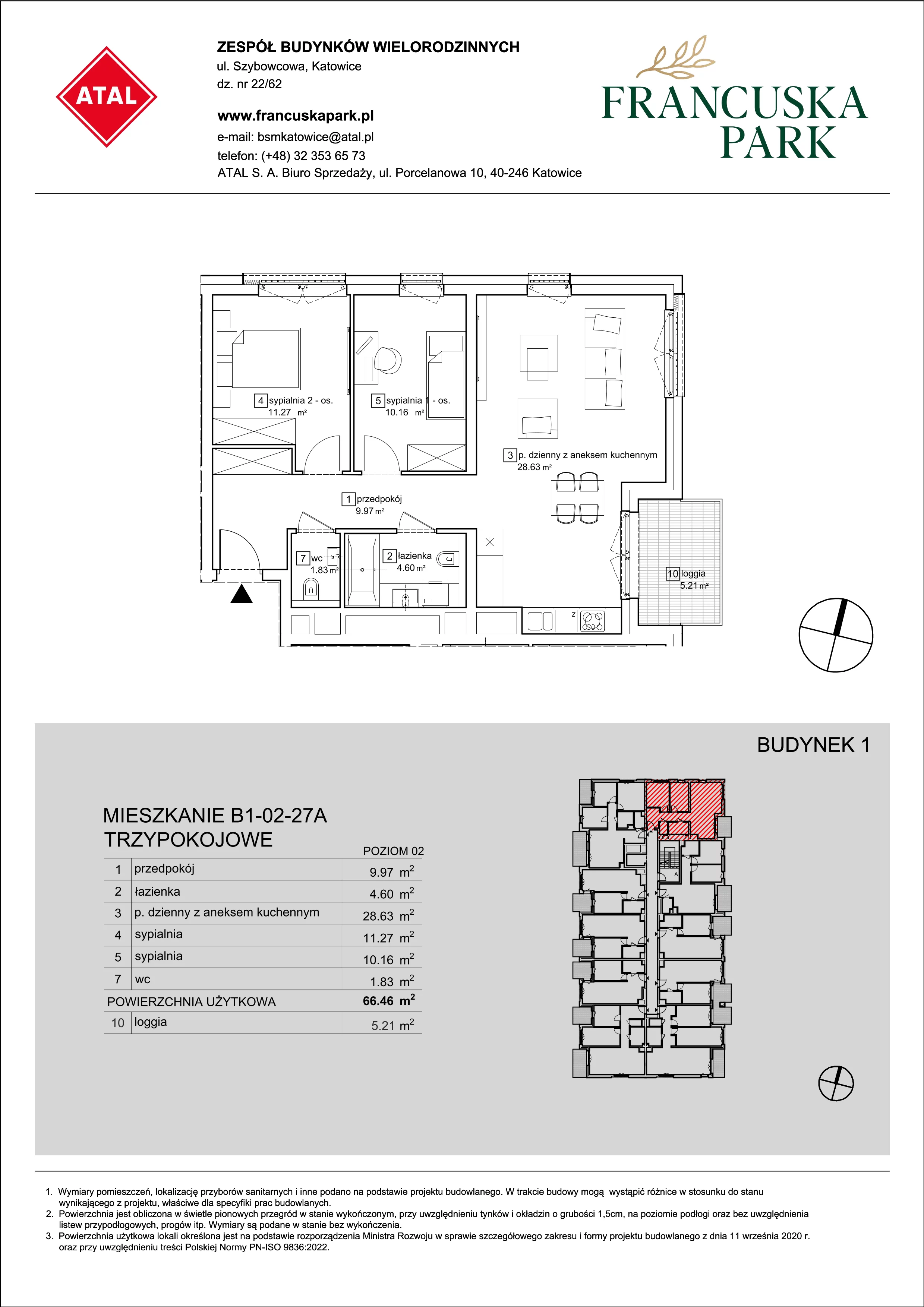 Mieszkanie 66,46 m², piętro 2, oferta nr B1-02-27A, Francuska Park, Katowice, Osiedle Paderewskiego-Muchowiec, Muchowiec, ul. Szybowcowa