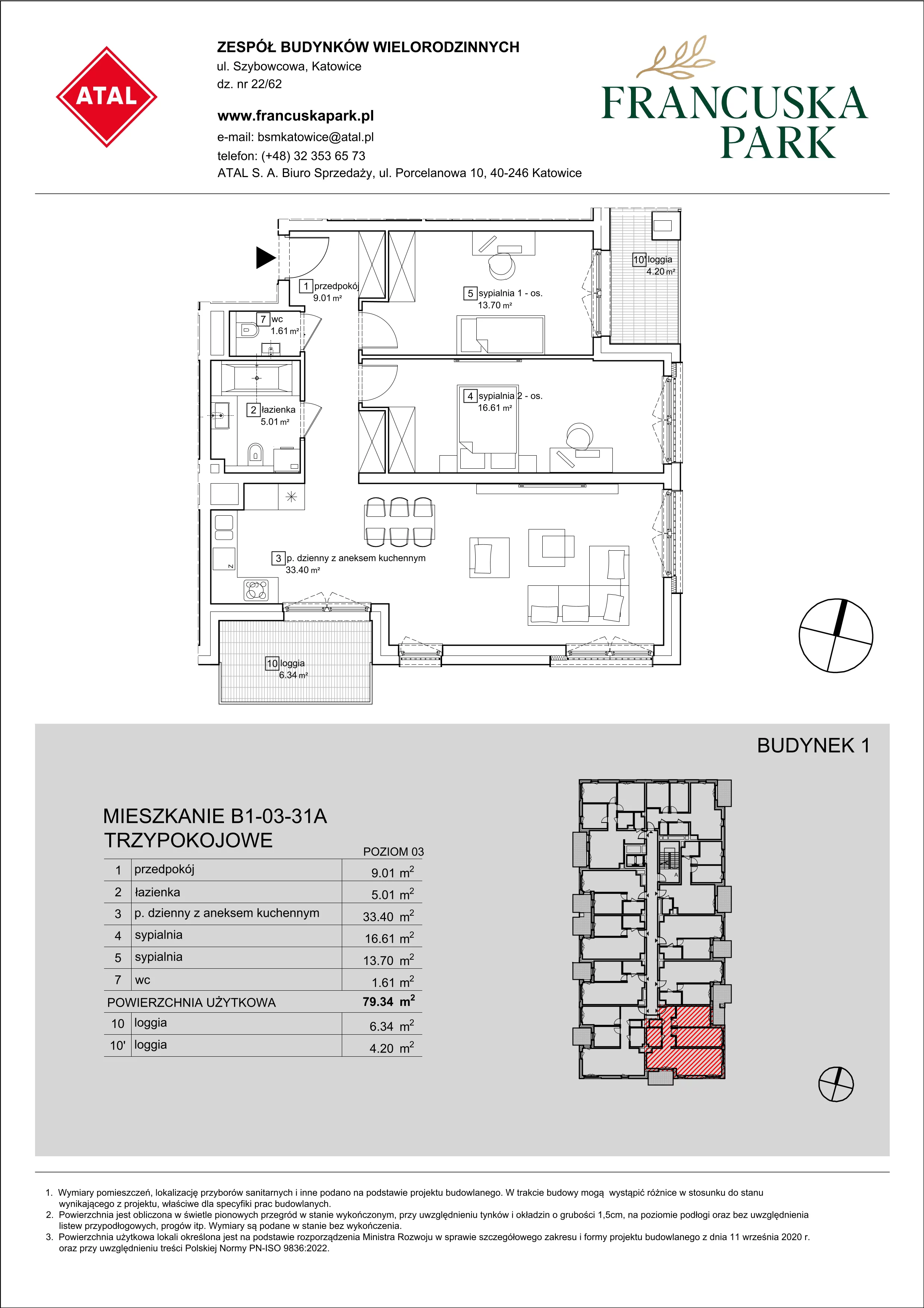 Mieszkanie 79,34 m², piętro 3, oferta nr B1-03-31A, Francuska Park, Katowice, Osiedle Paderewskiego-Muchowiec, Muchowiec, ul. Szybowcowa