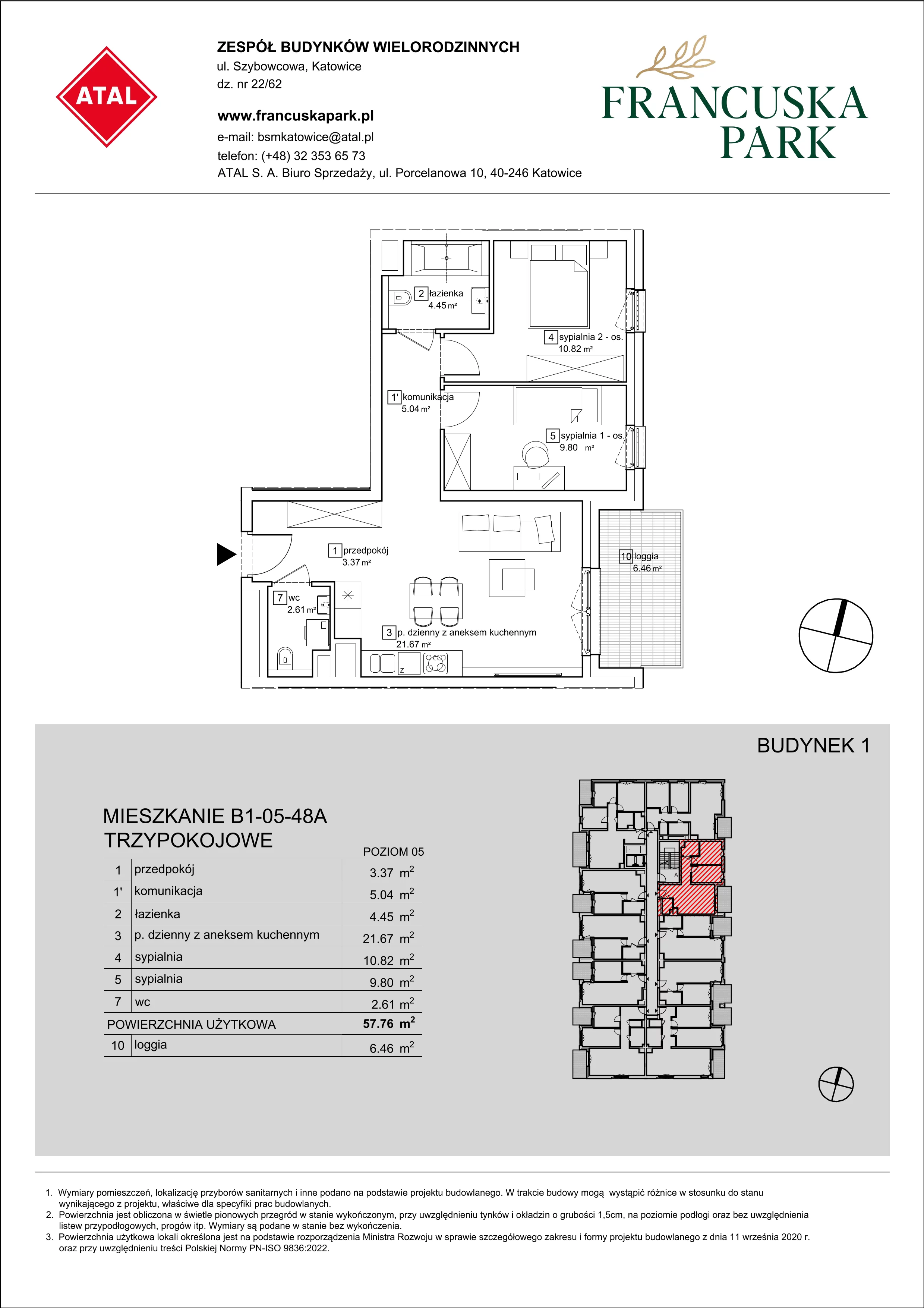 Mieszkanie 57,76 m², piętro 5, oferta nr B1-05-48A, Francuska Park, Katowice, Osiedle Paderewskiego-Muchowiec, Muchowiec, ul. Szybowcowa