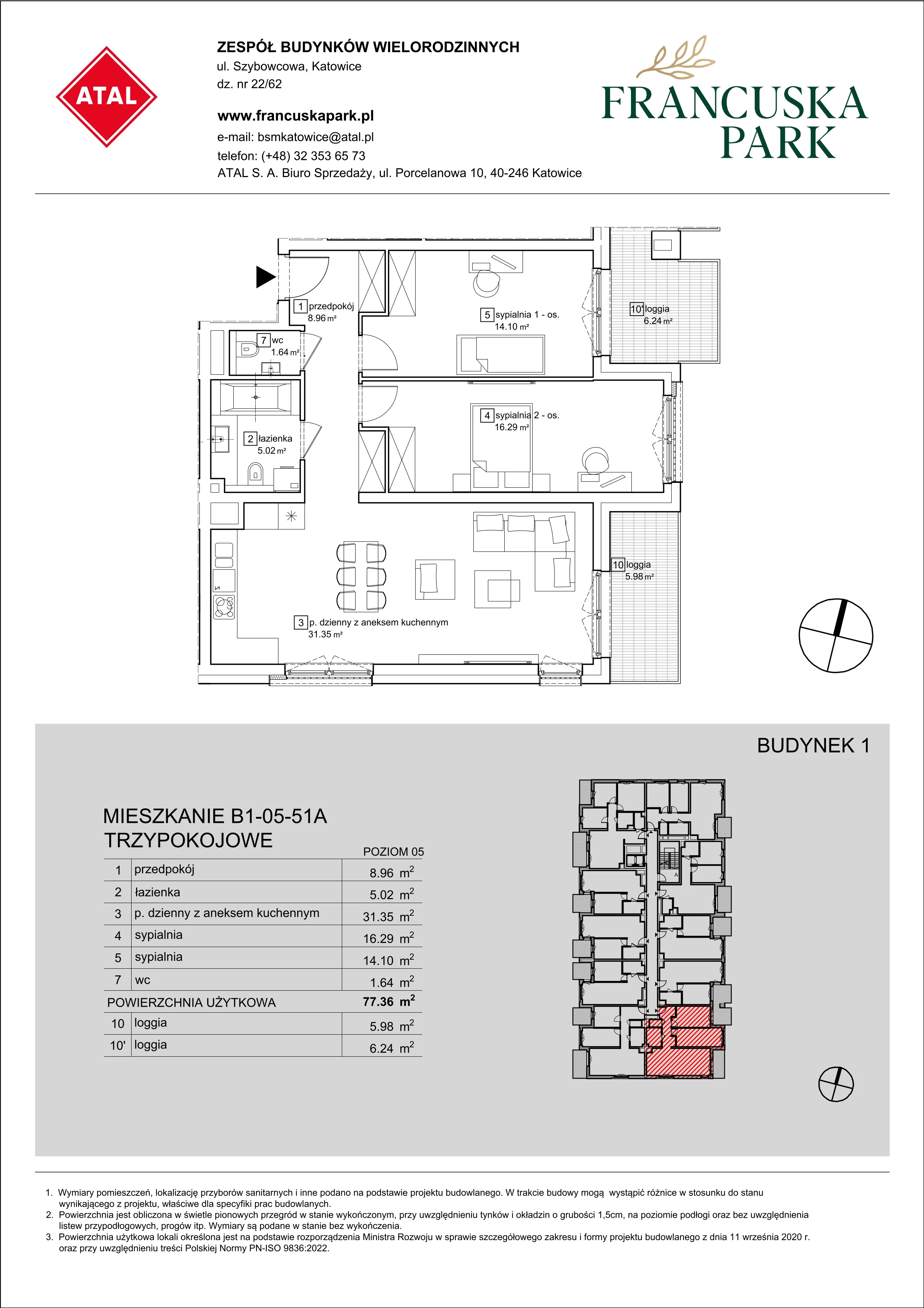 Mieszkanie 77,26 m², piętro 5, oferta nr B1-05-51A, Francuska Park, Katowice, Osiedle Paderewskiego-Muchowiec, Muchowiec, ul. Szybowcowa