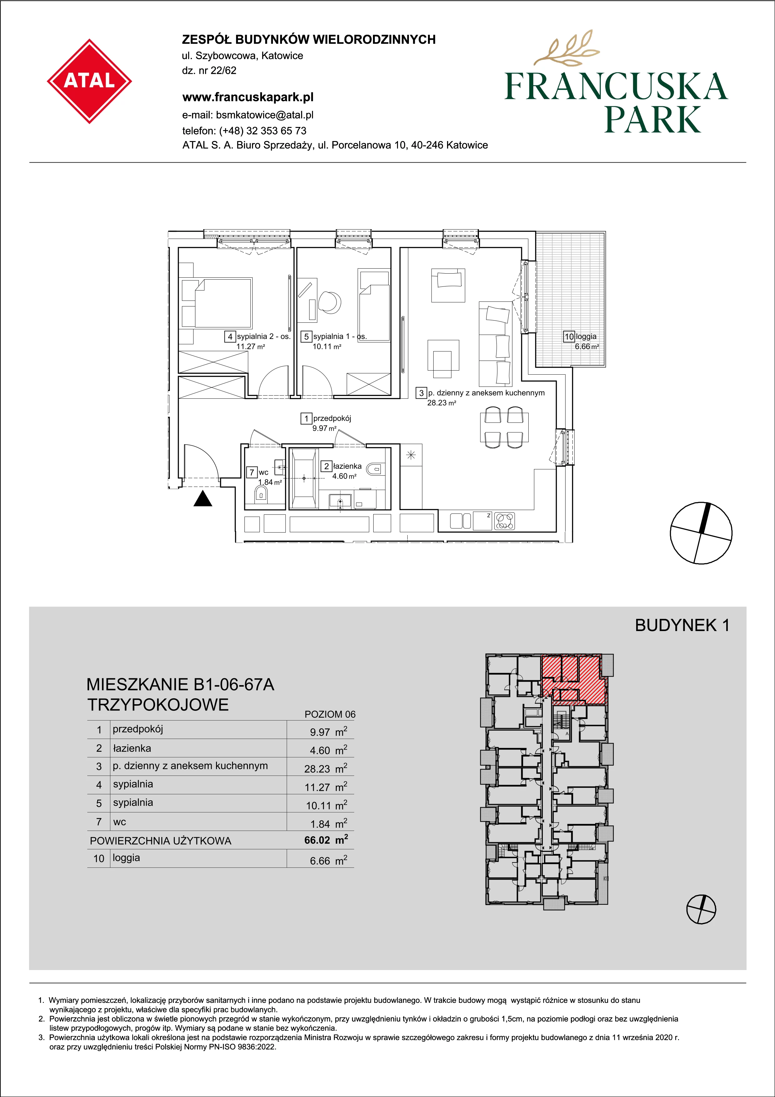 Mieszkanie 66,02 m², piętro 6, oferta nr B1-06-67A, Francuska Park, Katowice, Osiedle Paderewskiego-Muchowiec, Muchowiec, ul. Szybowcowa