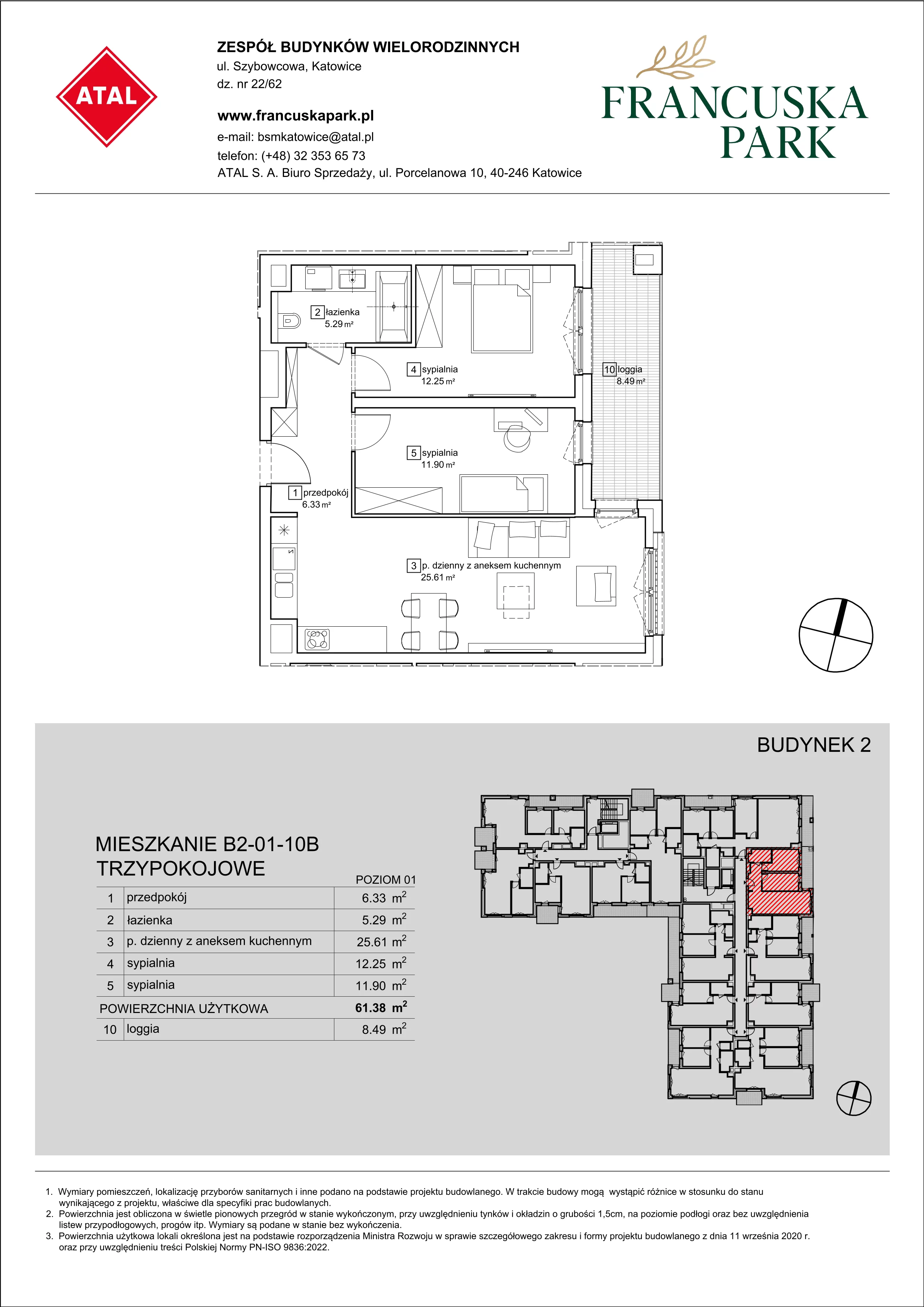 Mieszkanie 61,38 m², piętro 1, oferta nr B2-01-10B, Francuska Park, Katowice, Osiedle Paderewskiego-Muchowiec, Muchowiec, ul. Szybowcowa