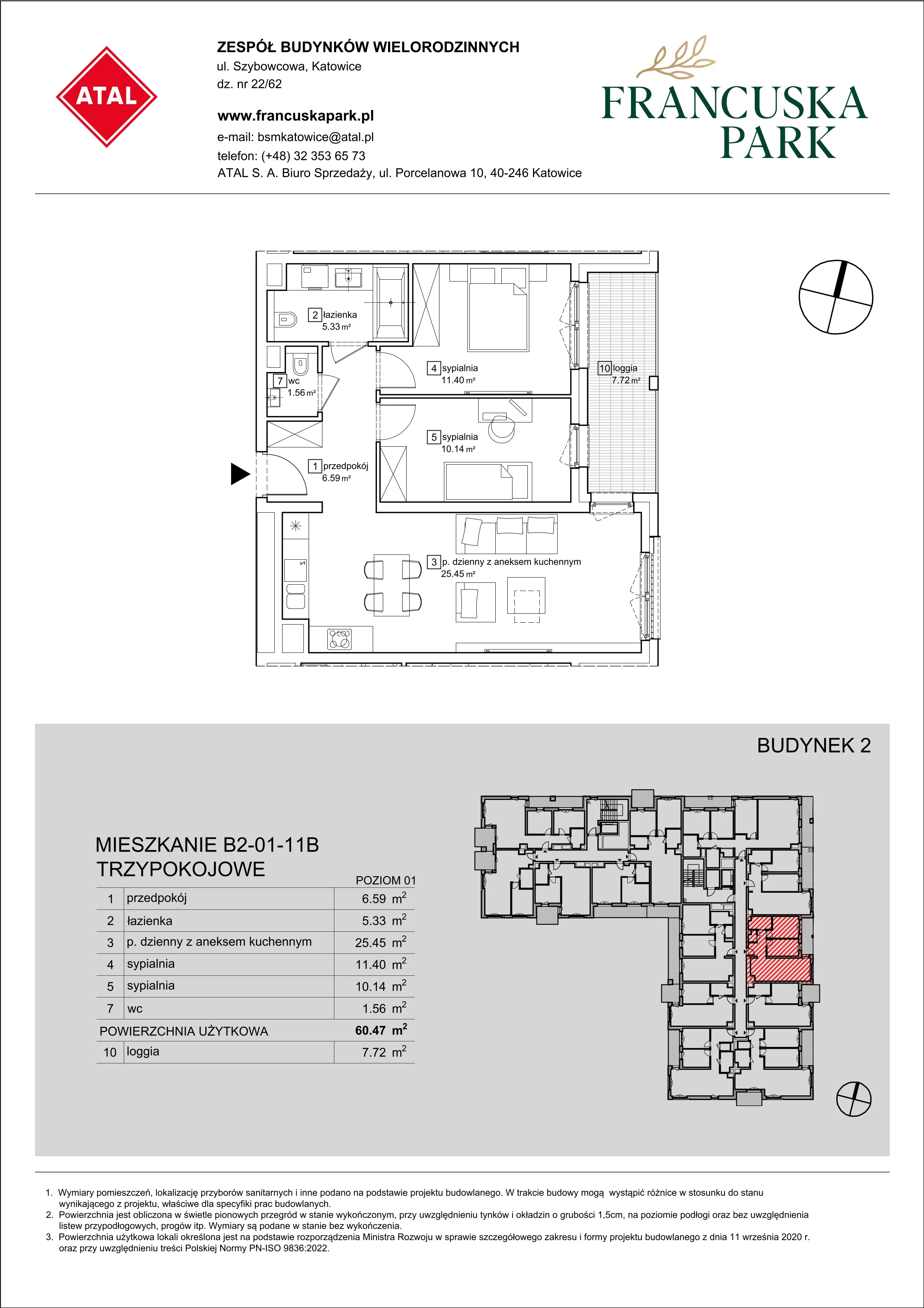 Mieszkanie 60,47 m², piętro 1, oferta nr B2-01-11B, Francuska Park, Katowice, Osiedle Paderewskiego-Muchowiec, Muchowiec, ul. Szybowcowa