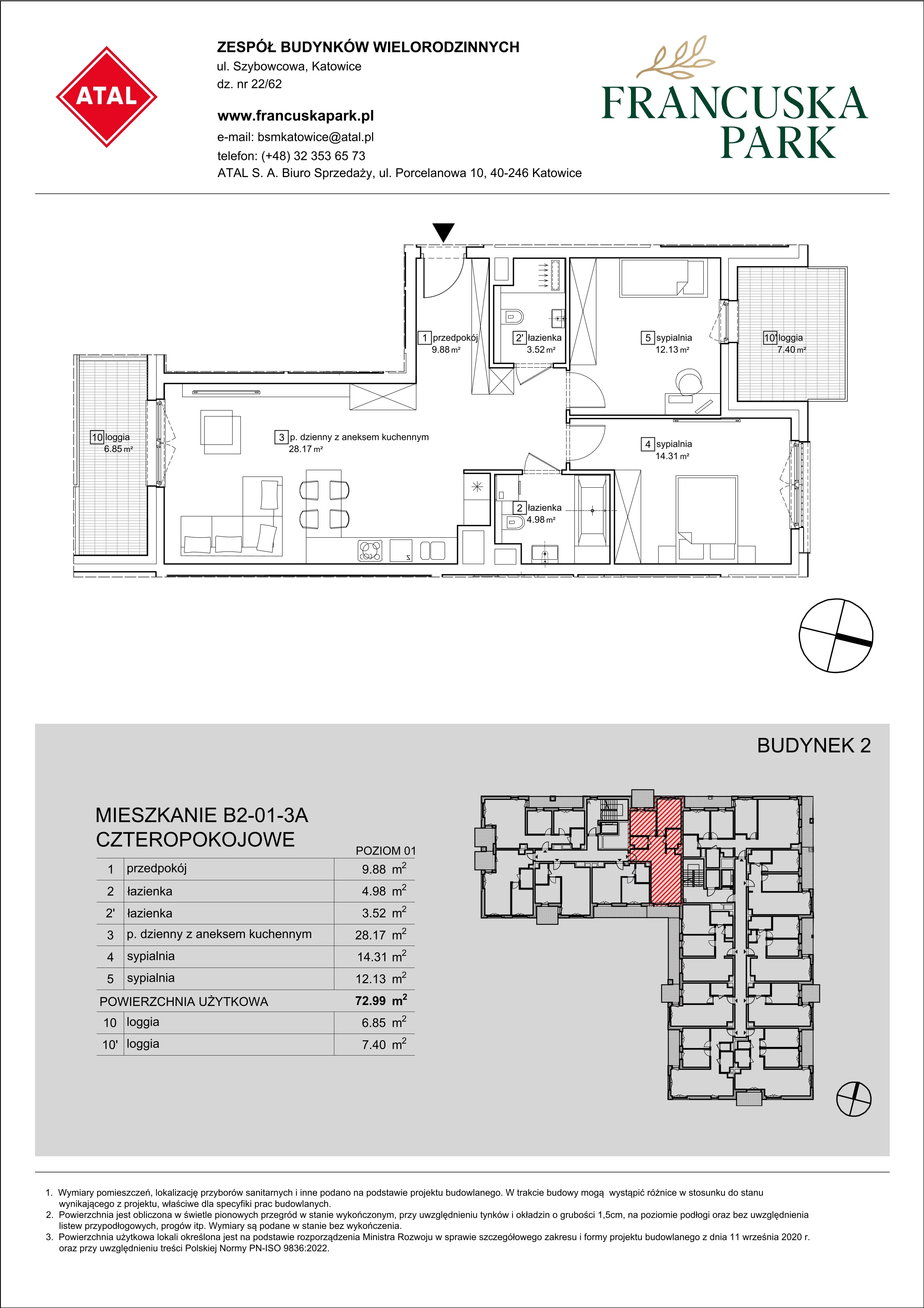 Mieszkanie 72,99 m², piętro 1, oferta nr B2-01-3A, Francuska Park, Katowice, Osiedle Paderewskiego-Muchowiec, Muchowiec, ul. Szybowcowa