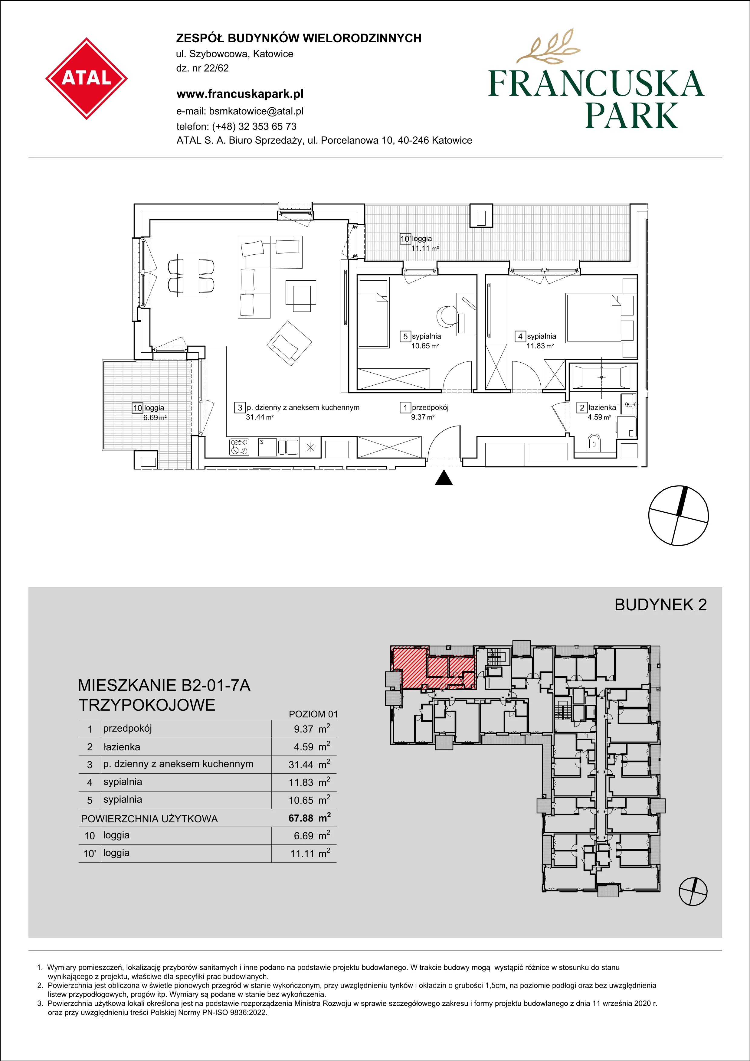 Mieszkanie 67,88 m², piętro 1, oferta nr B2-01-7A, Francuska Park, Katowice, Osiedle Paderewskiego-Muchowiec, Muchowiec, ul. Szybowcowa