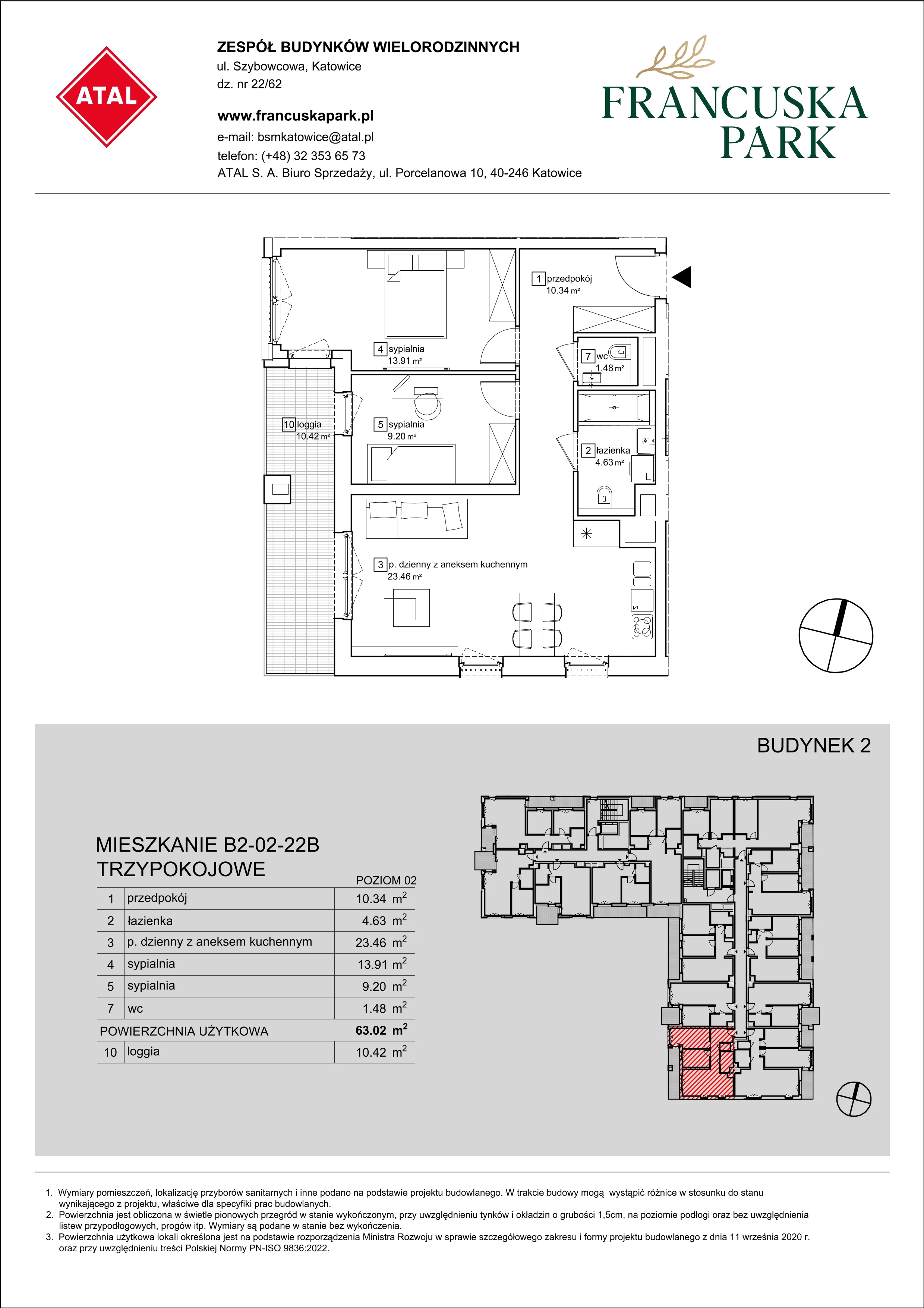 Mieszkanie 63,02 m², piętro 2, oferta nr B2-02-22B, Francuska Park, Katowice, Osiedle Paderewskiego-Muchowiec, Muchowiec, ul. Szybowcowa