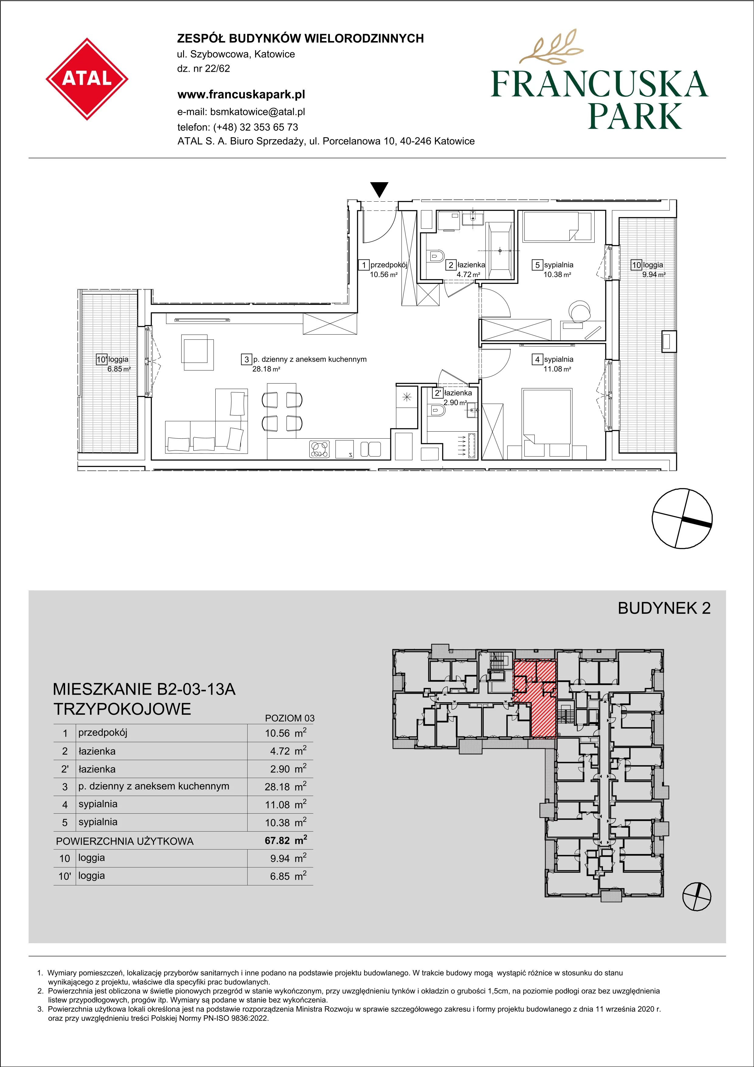 Mieszkanie 67,82 m², piętro 3, oferta nr B2-03-13A, Francuska Park, Katowice, Osiedle Paderewskiego-Muchowiec, Muchowiec, ul. Szybowcowa