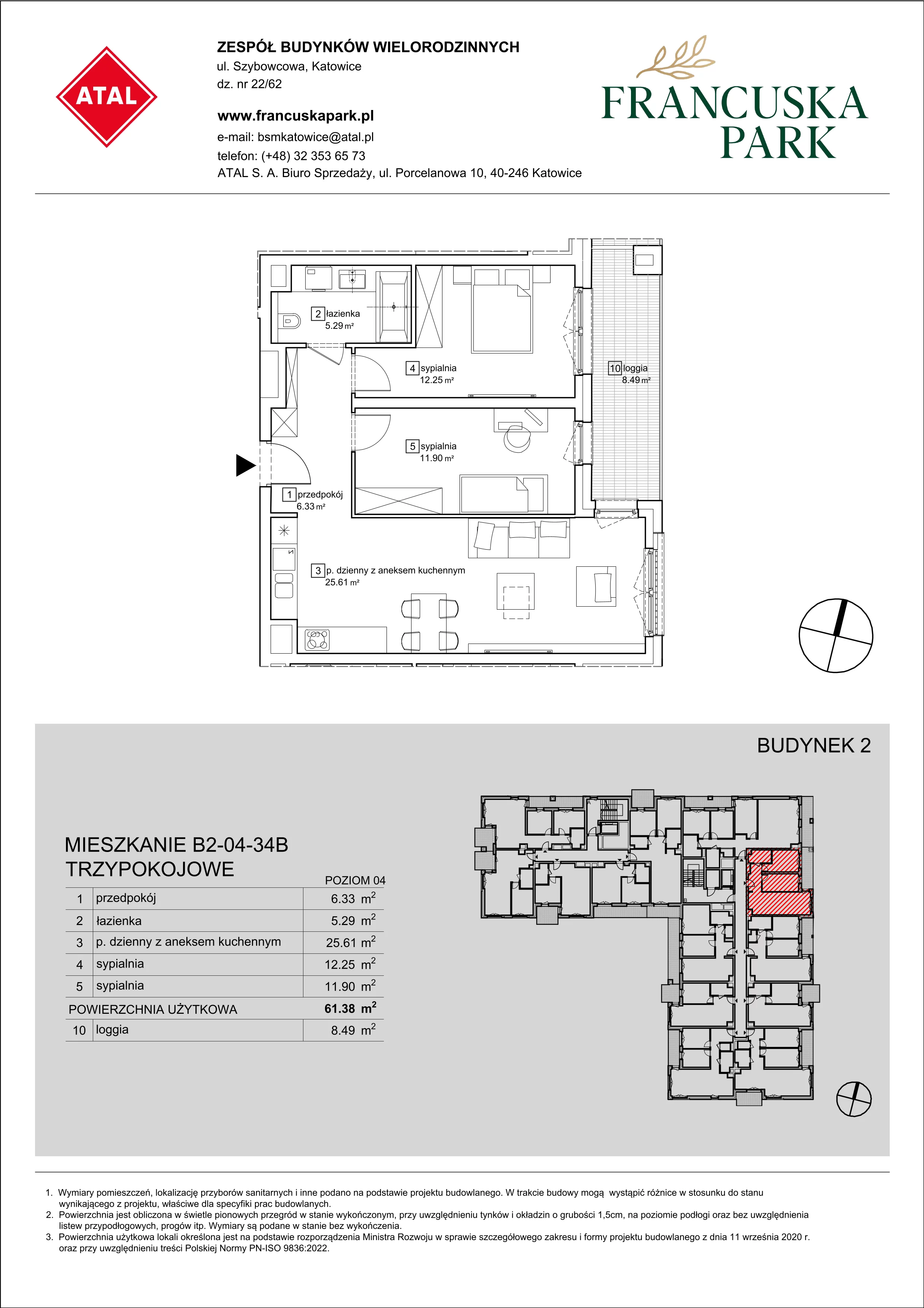 Mieszkanie 61,38 m², piętro 4, oferta nr B2-04-34B, Francuska Park, Katowice, Osiedle Paderewskiego-Muchowiec, Muchowiec, ul. Szybowcowa