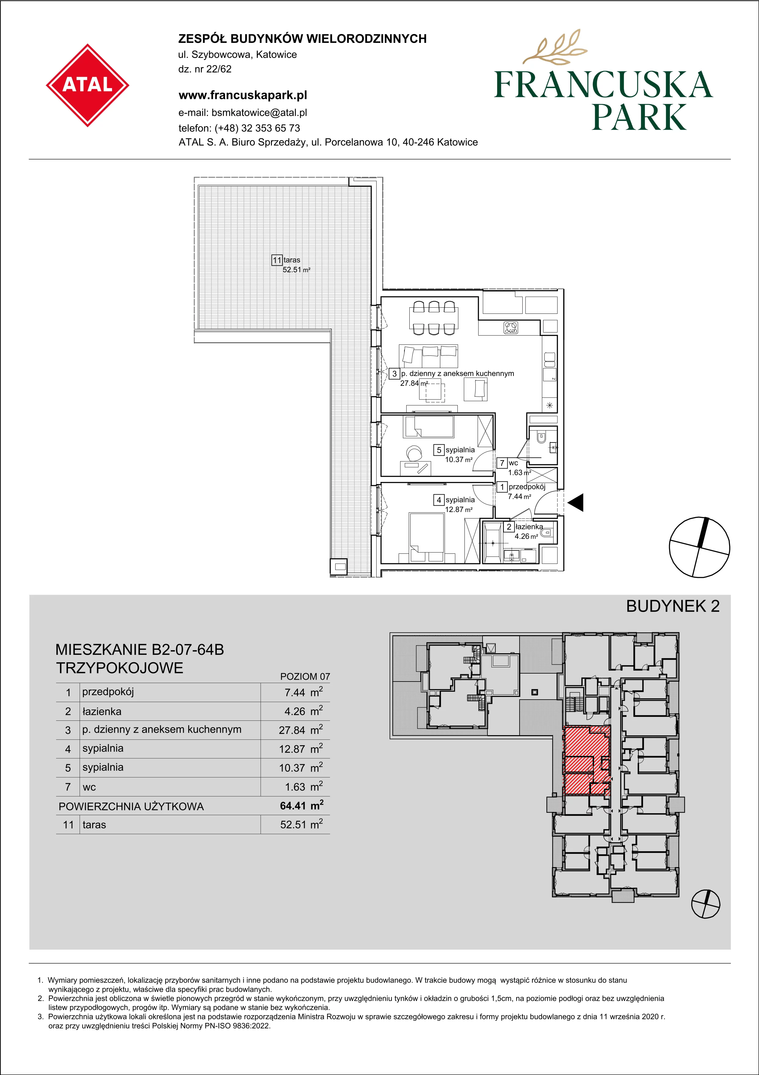 Mieszkanie 64,41 m², piętro 7, oferta nr B2-07-64B, Francuska Park, Katowice, Osiedle Paderewskiego-Muchowiec, Muchowiec, ul. Szybowcowa