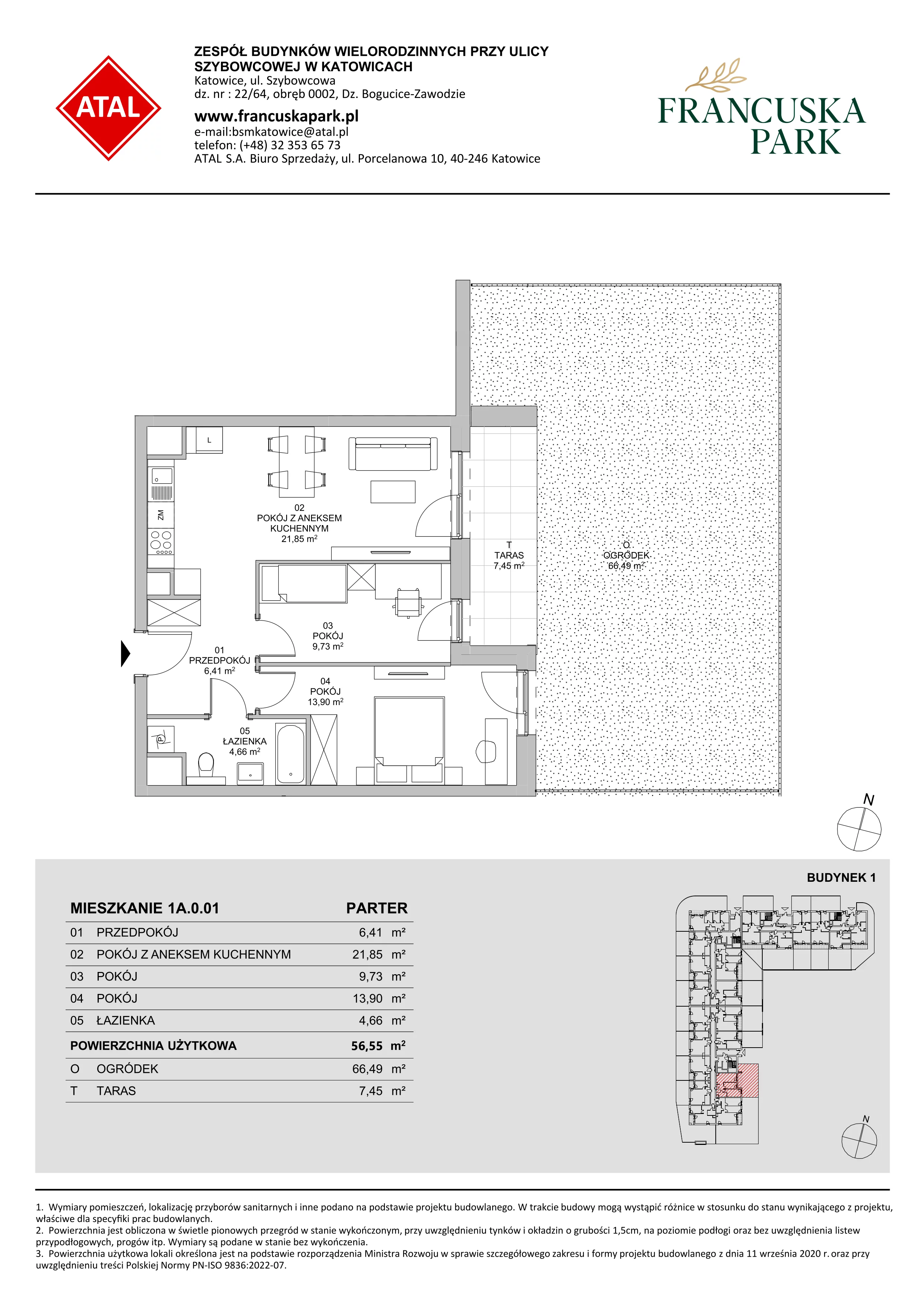 3 pokoje, mieszkanie 56,55 m², parter, oferta nr 1A.0.01, Francuska Park VIIIB, Katowice, Osiedle Paderewskiego-Muchowiec, Muchowiec, ul. Szybowcowa