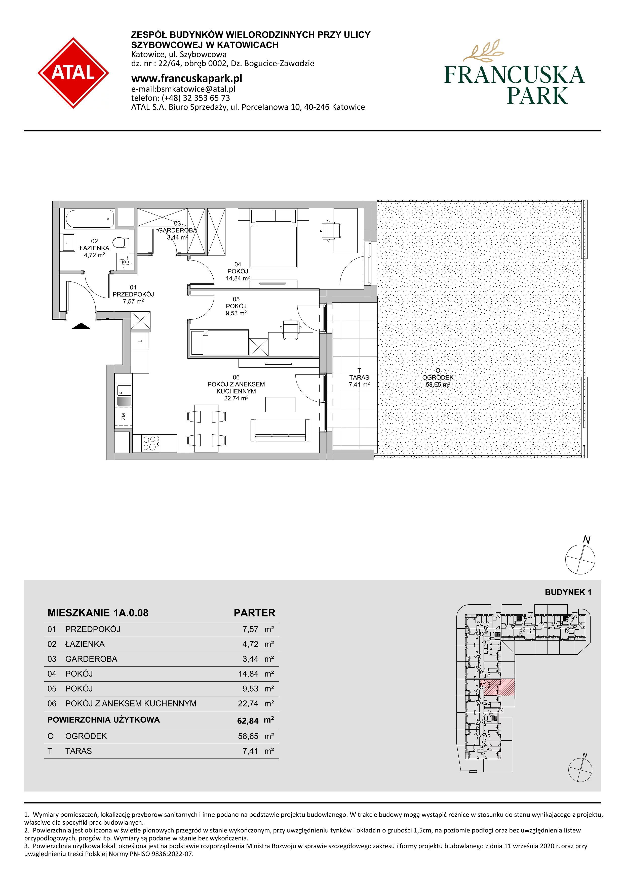 3 pokoje, mieszkanie 62,87 m², parter, oferta nr 1A.0.08, Francuska Park VIIIB, Katowice, Osiedle Paderewskiego-Muchowiec, Muchowiec, ul. Szybowcowa