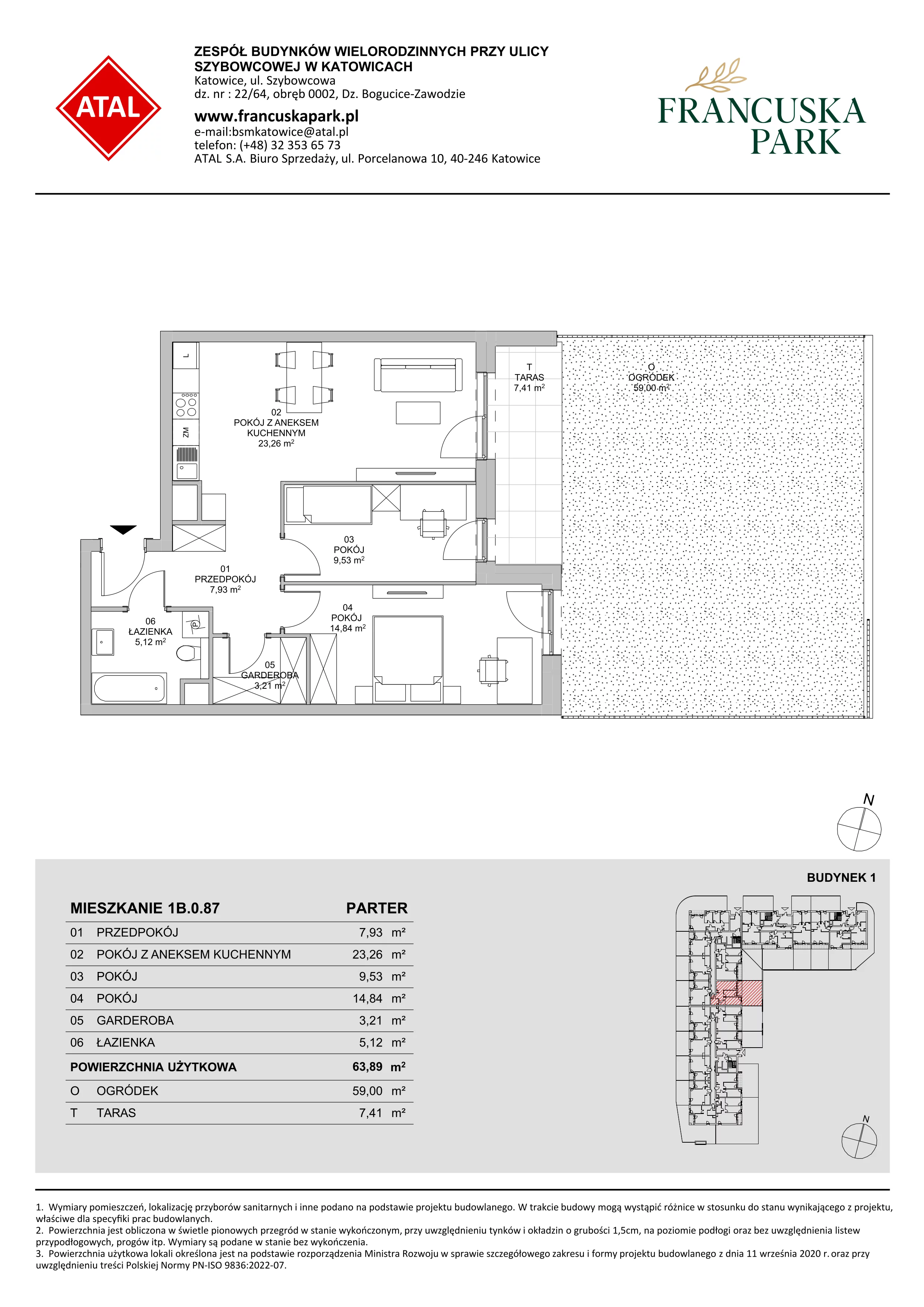 3 pokoje, mieszkanie 63,89 m², parter, oferta nr 1B.0.87, Francuska Park VIIIB, Katowice, Osiedle Paderewskiego-Muchowiec, Muchowiec, ul. Szybowcowa