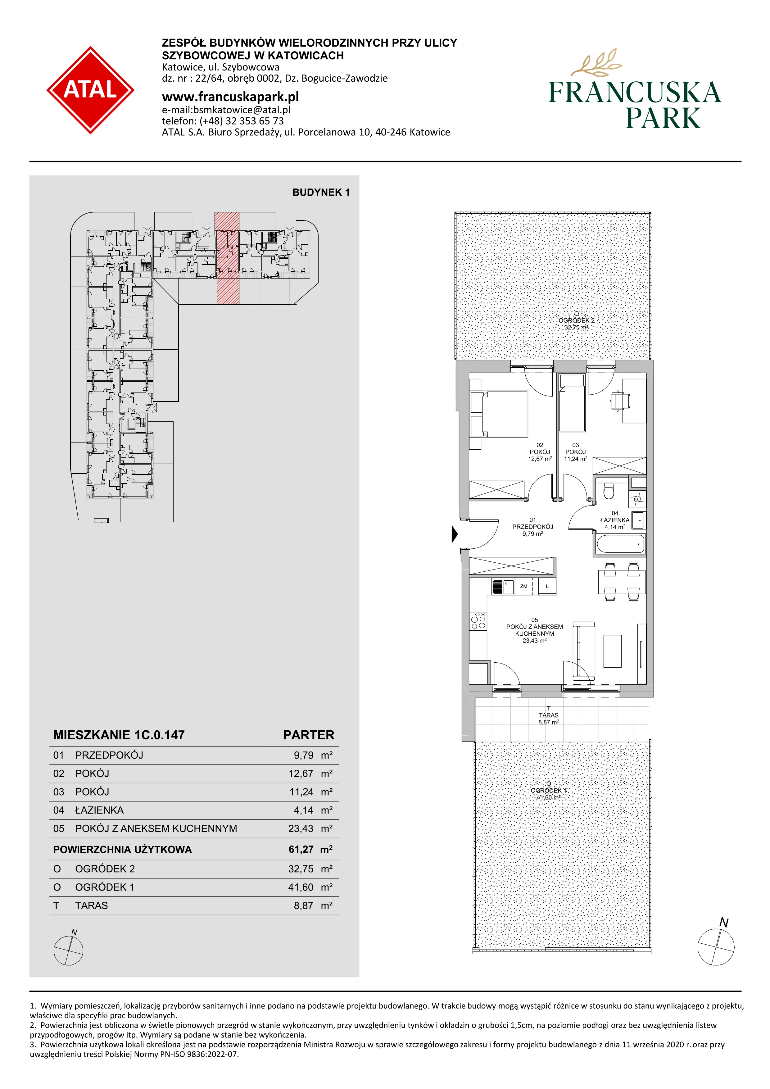 3 pokoje, mieszkanie 61,27 m², parter, oferta nr 1C.0.147, Francuska Park VIIIB, Katowice, Osiedle Paderewskiego-Muchowiec, Muchowiec, ul. Szybowcowa