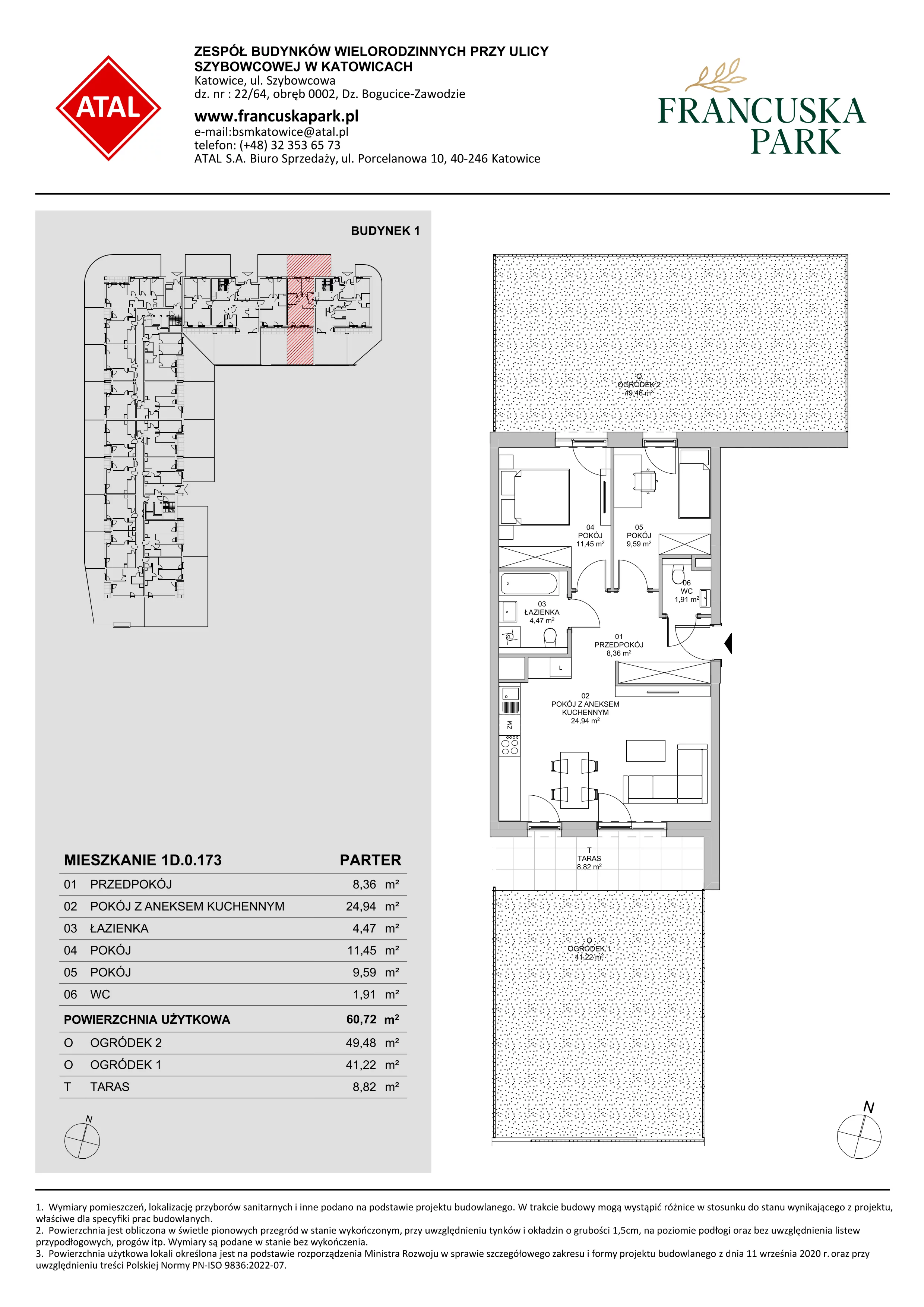 3 pokoje, mieszkanie 60,72 m², parter, oferta nr 1D.0.173, Francuska Park VIIIB, Katowice, Osiedle Paderewskiego-Muchowiec, Muchowiec, ul. Szybowcowa