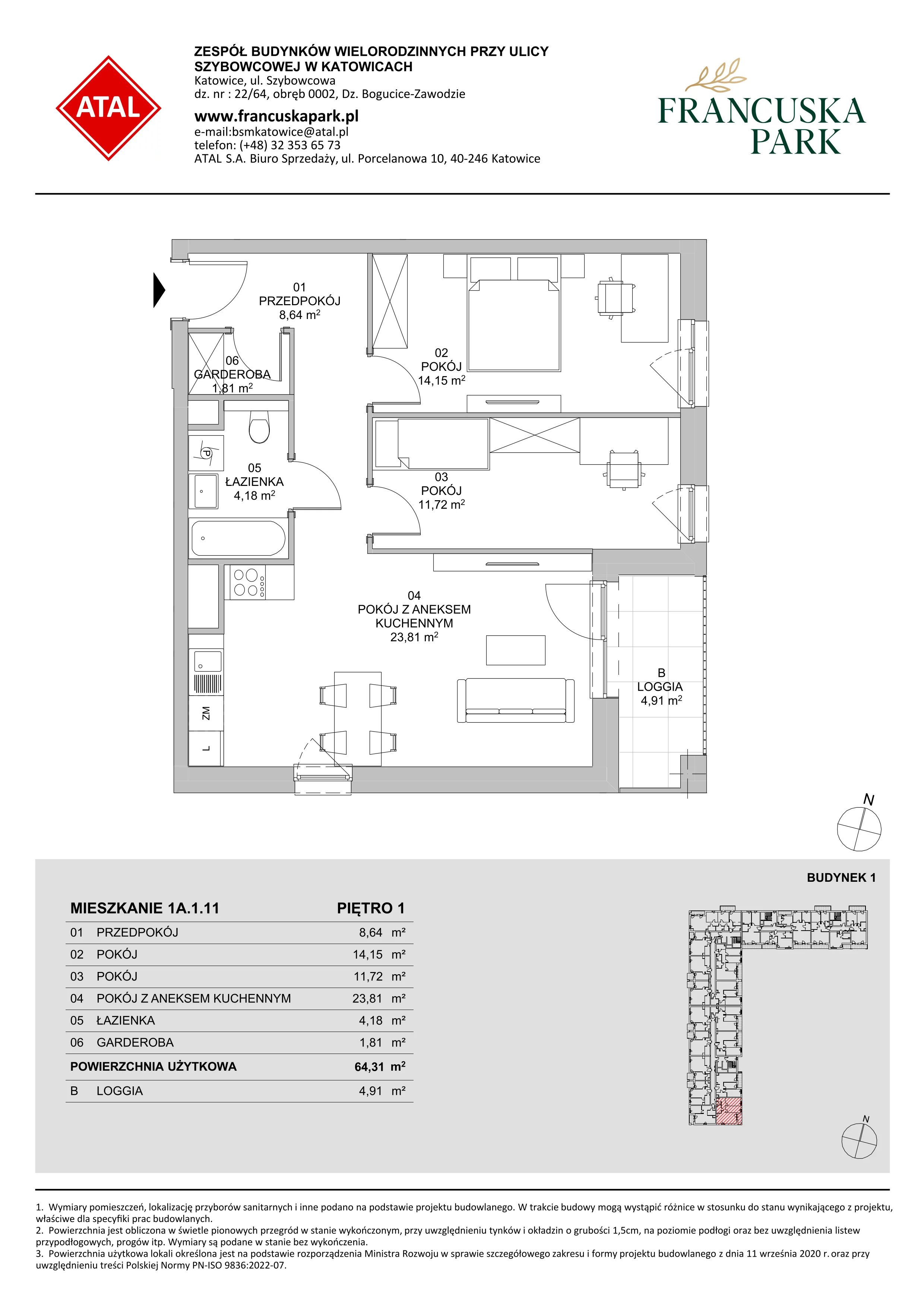 3 pokoje, mieszkanie 64,31 m², piętro 1, oferta nr 1A.1.11, Francuska Park VIIIB, Katowice, Osiedle Paderewskiego-Muchowiec, Muchowiec, ul. Szybowcowa