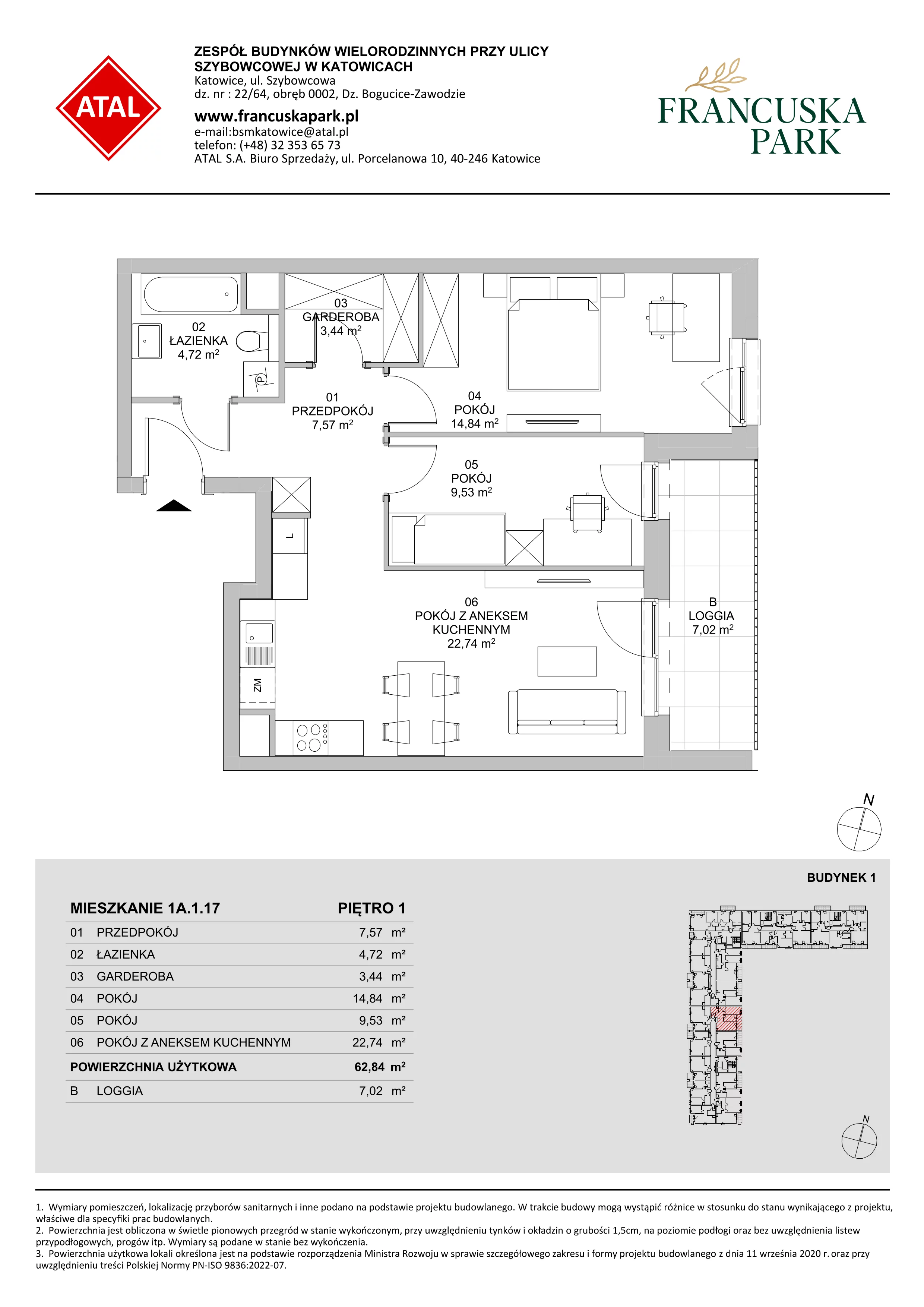 3 pokoje, mieszkanie 62,87 m², piętro 1, oferta nr 1A.1.17, Francuska Park VIIIB, Katowice, Osiedle Paderewskiego-Muchowiec, Muchowiec, ul. Szybowcowa